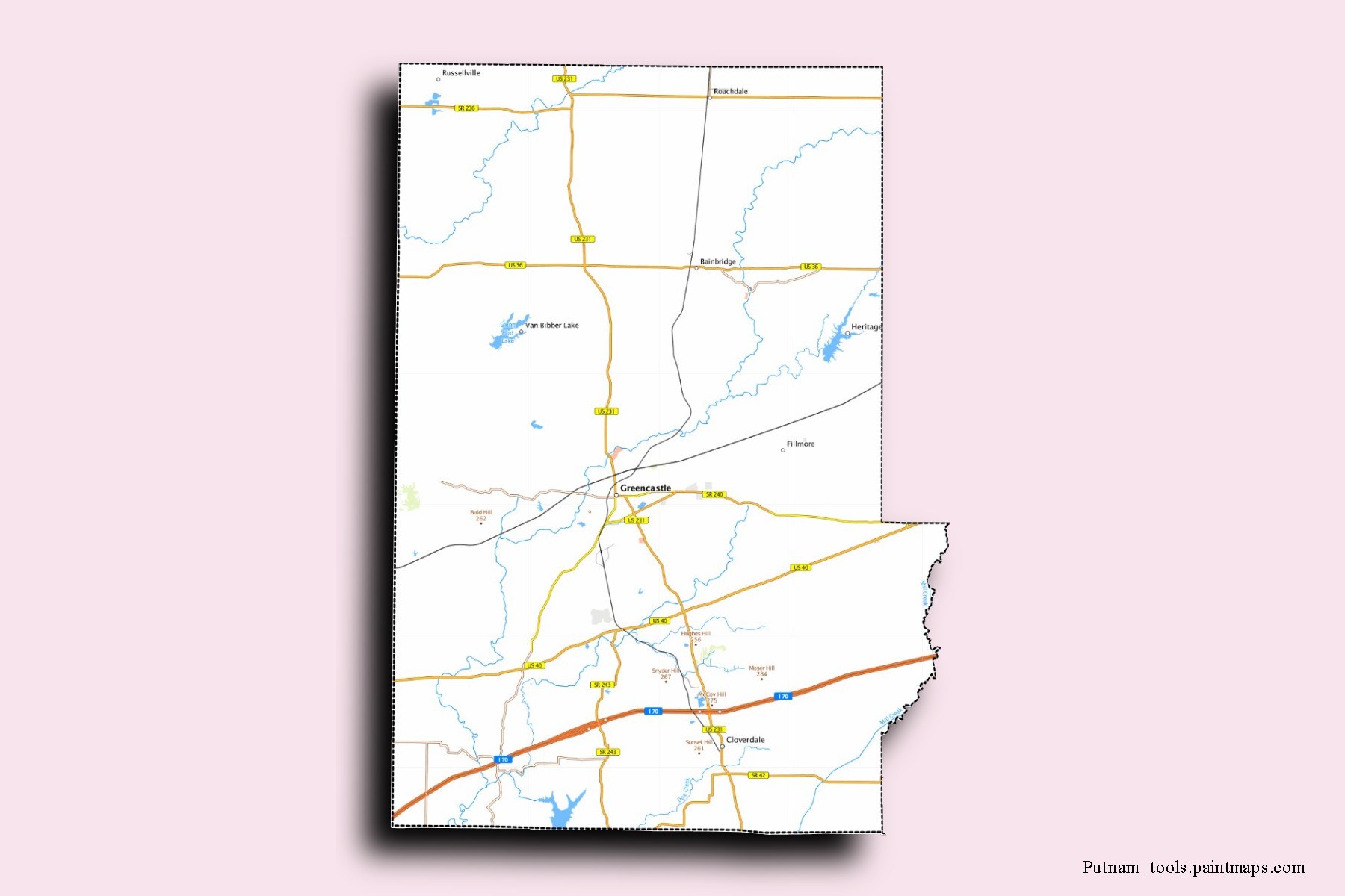 Putnam neighborhoods and villages map with 3D shadow effect