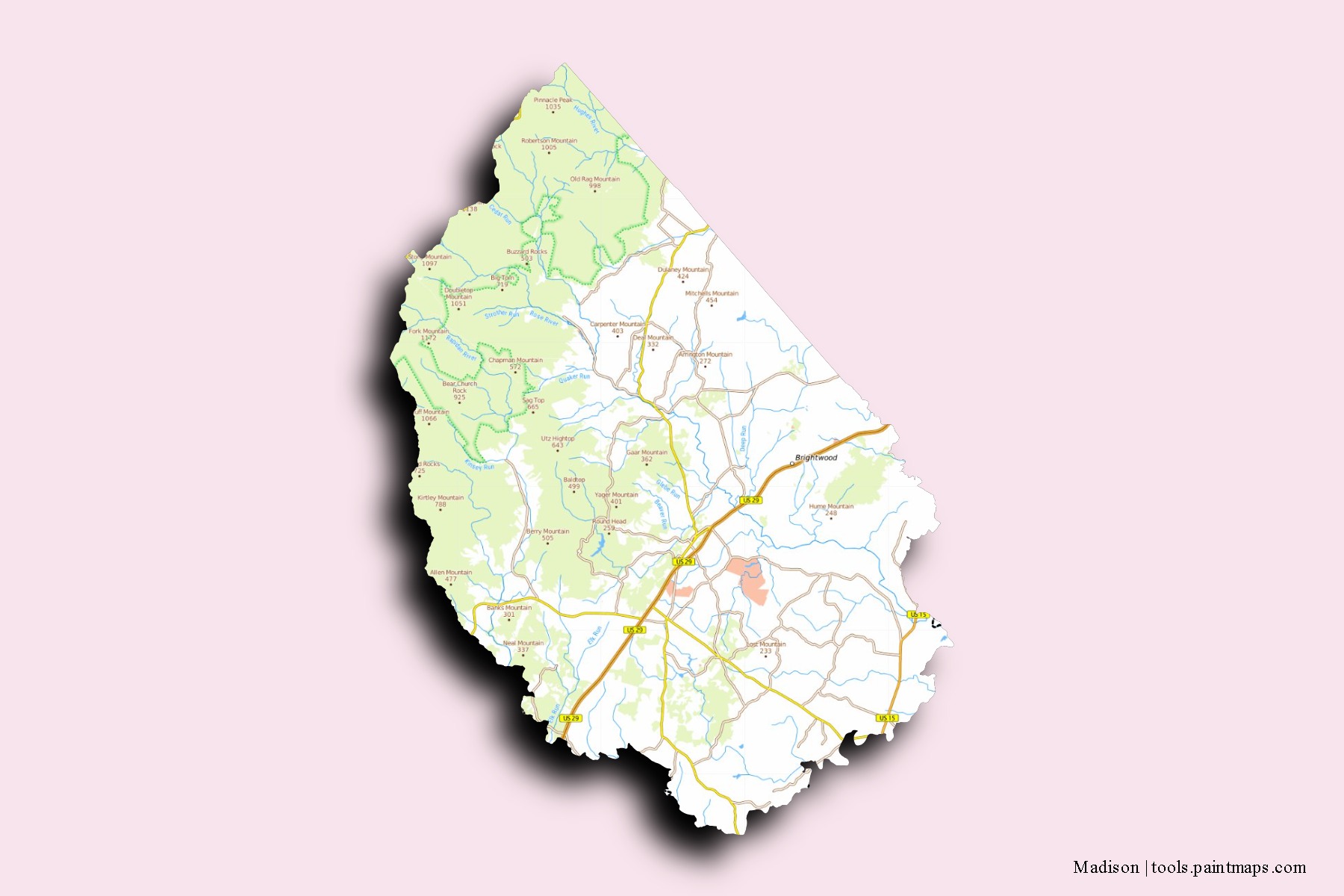 Mapa de barrios y pueblos de Madison con efecto de sombra 3D