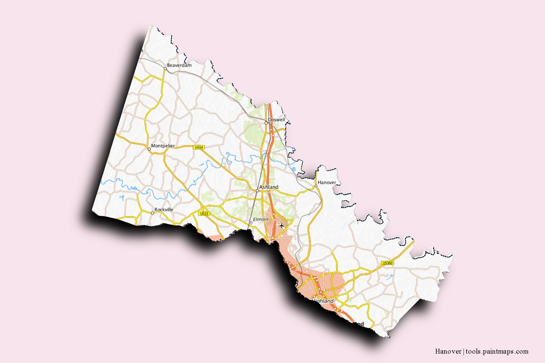 3D gölge efektli Hanover County mahalleleri ve köyleri haritası