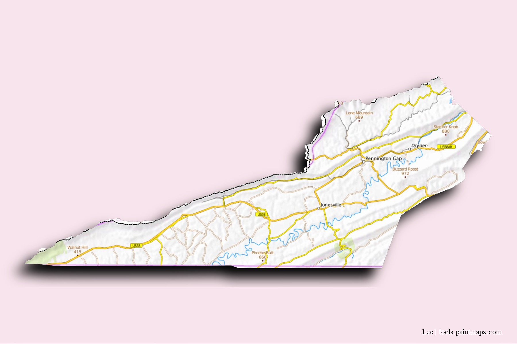 Lee neighborhoods and villages map with 3D shadow effect