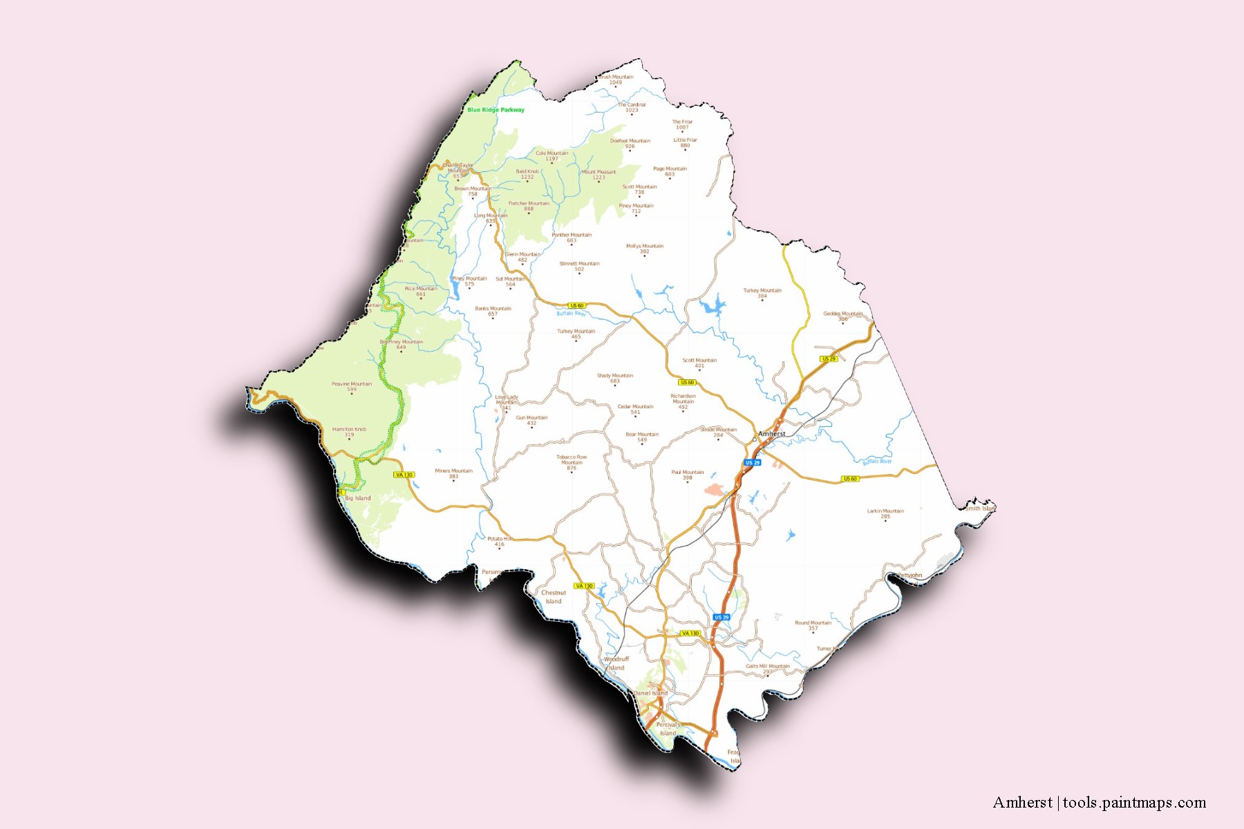 Mapa de barrios y pueblos de Amherst con efecto de sombra 3D