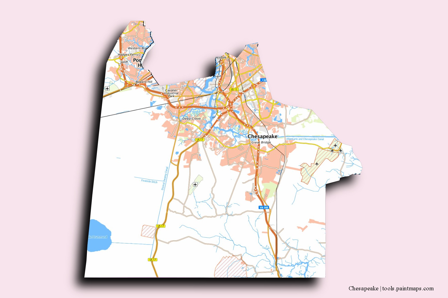 3D gölge efektli Chesapeake mahalleleri ve köyleri haritası