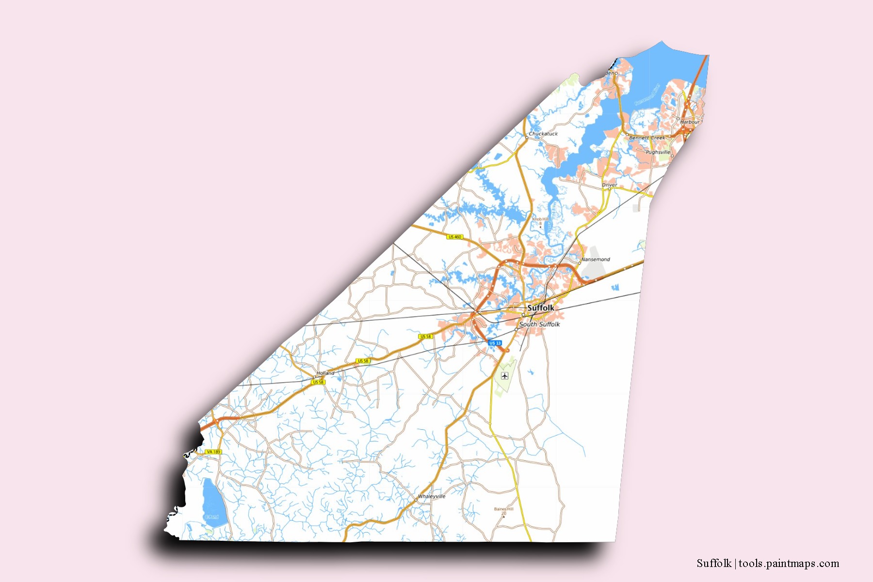 Suffolk neighborhoods and villages map with 3D shadow effect