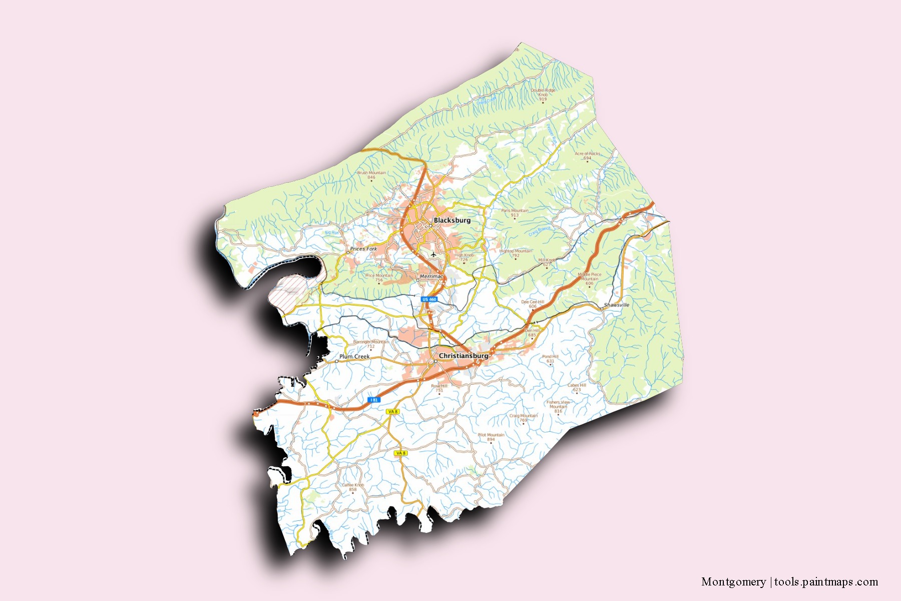 Mapa de barrios y pueblos de Montgomery con efecto de sombra 3D