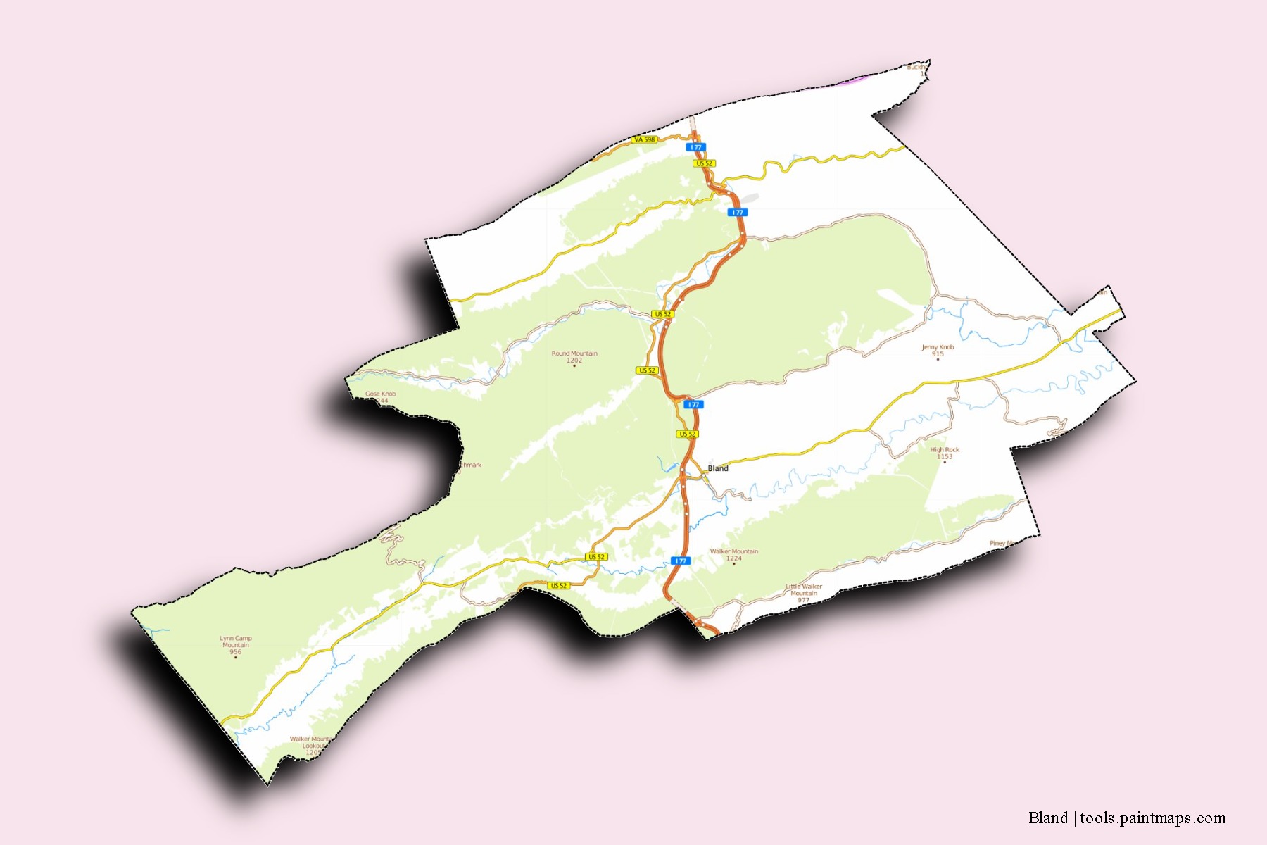 Mapa de barrios y pueblos de Bland con efecto de sombra 3D