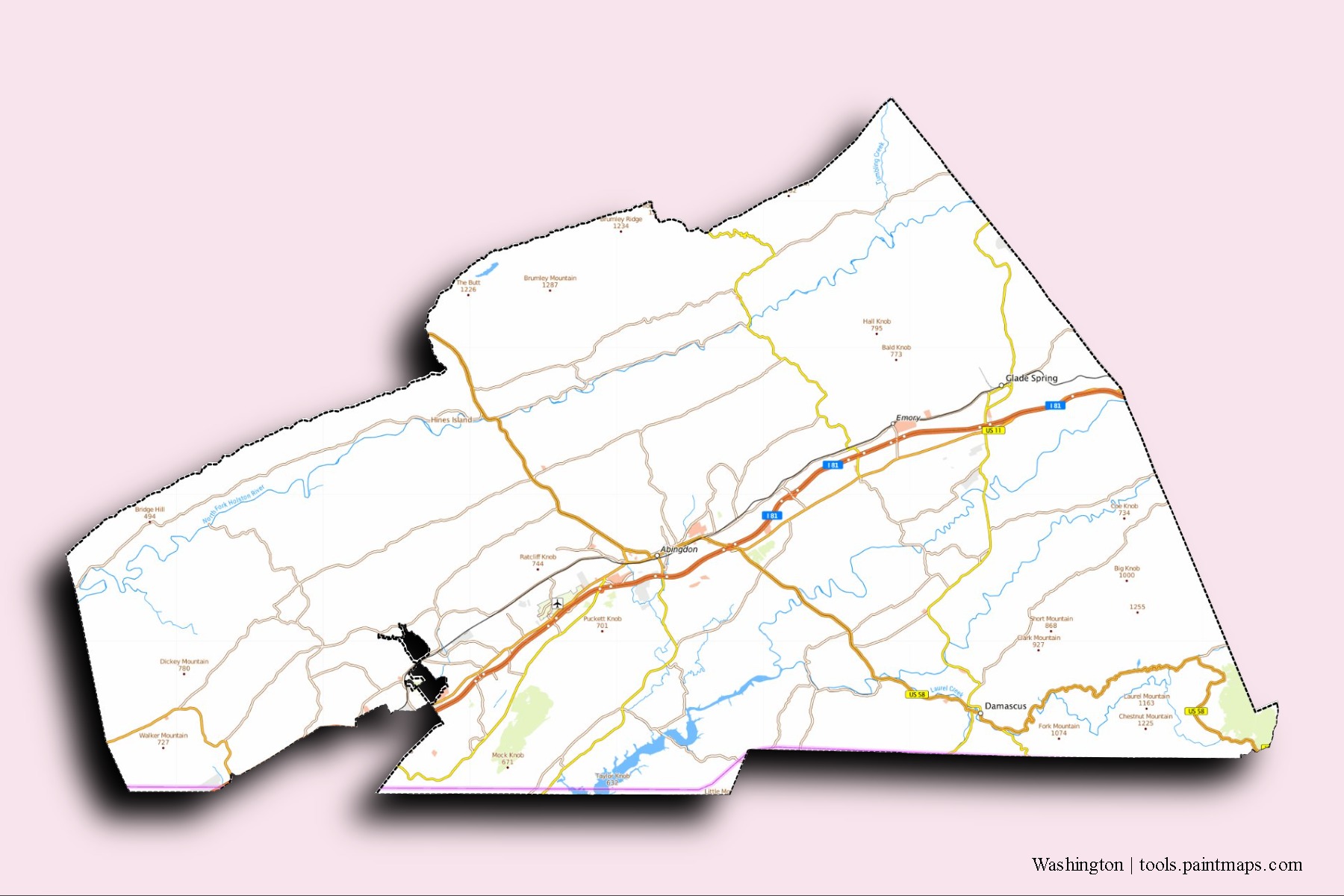 Mapa de barrios y pueblos de Washington con efecto de sombra 3D