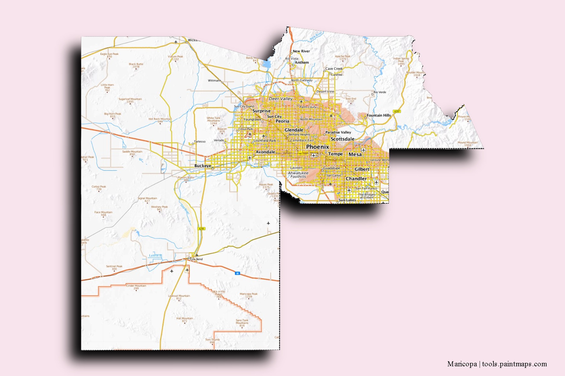 3D gölge efektli Maricopa Kontluğu mahalleleri ve köyleri haritası