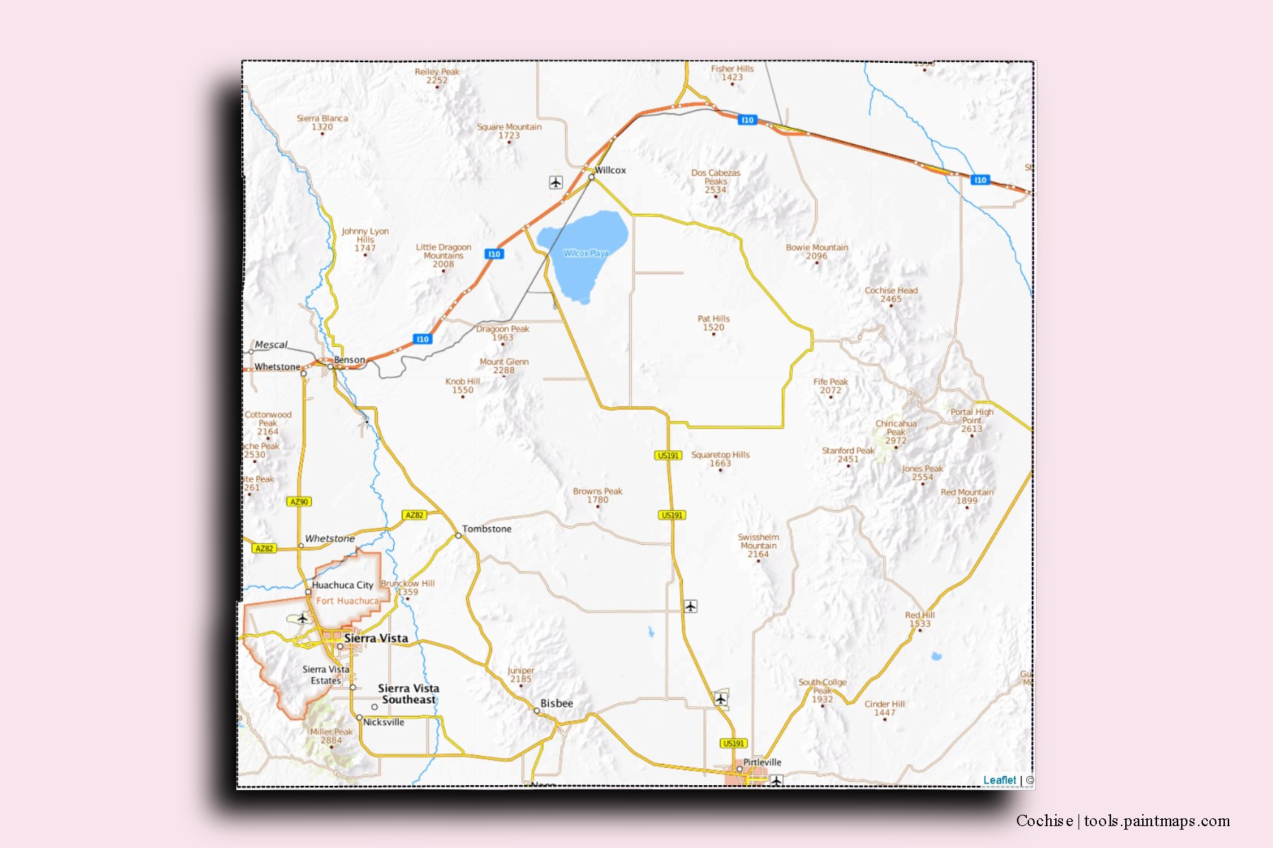 Mapa de barrios y pueblos de Cochise con efecto de sombra 3D