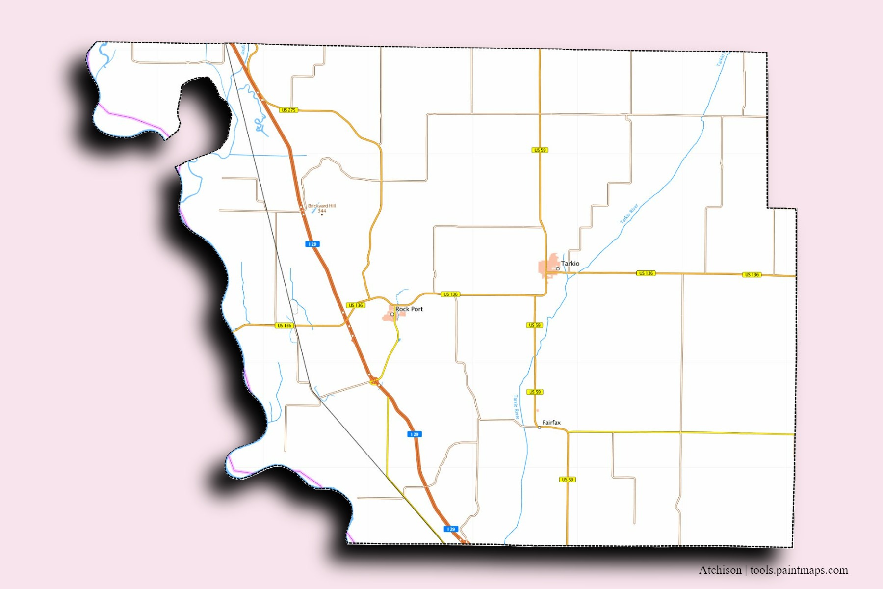 Atchison neighborhoods and villages map with 3D shadow effect