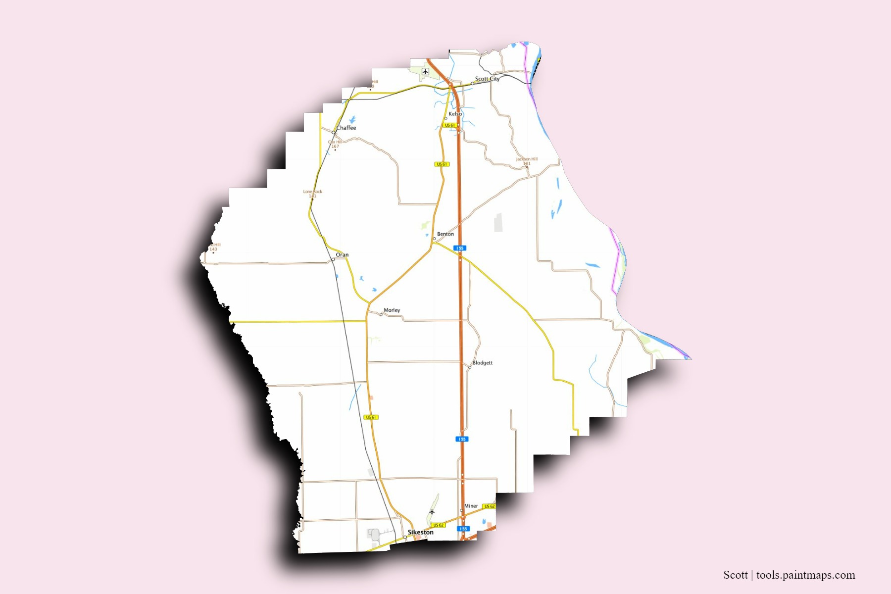 Scott neighborhoods and villages map with 3D shadow effect