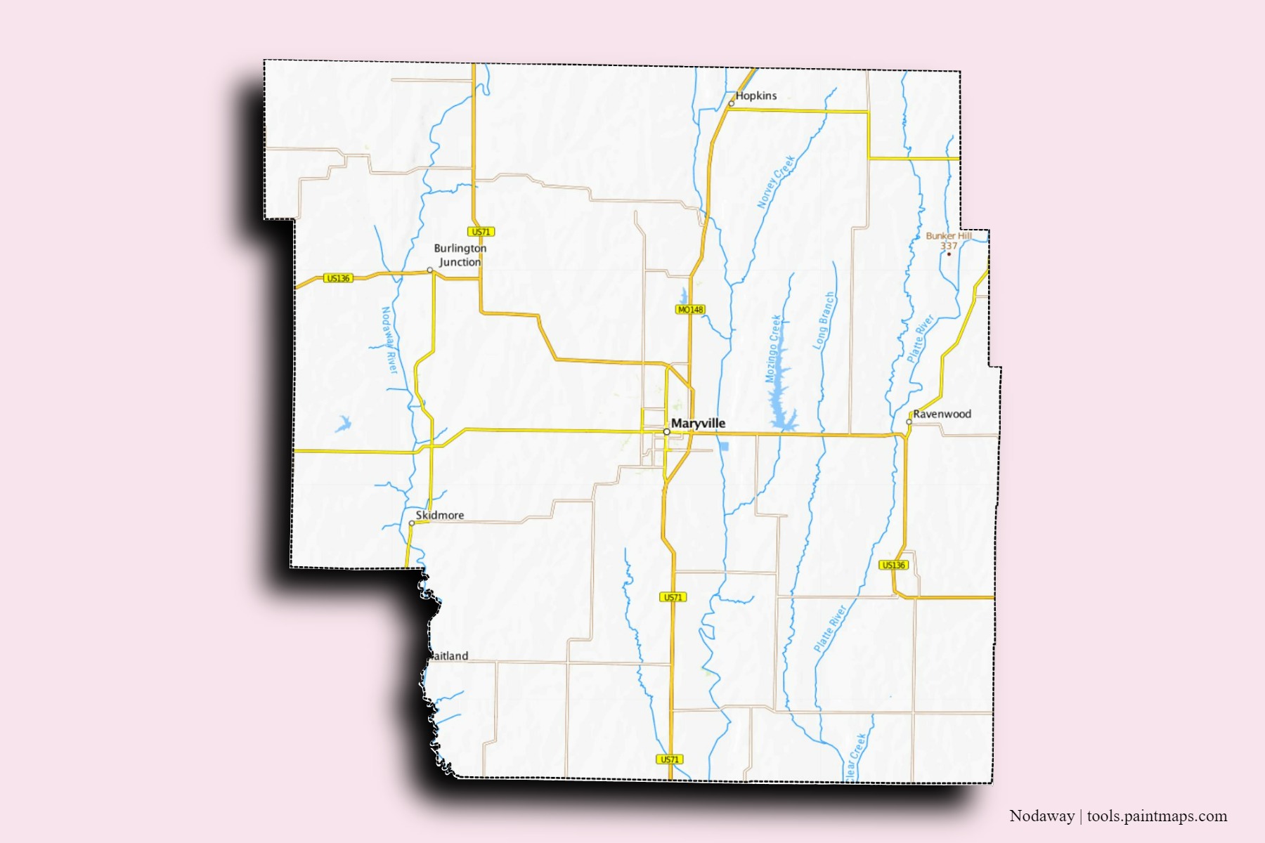 Nodaway neighborhoods and villages map with 3D shadow effect