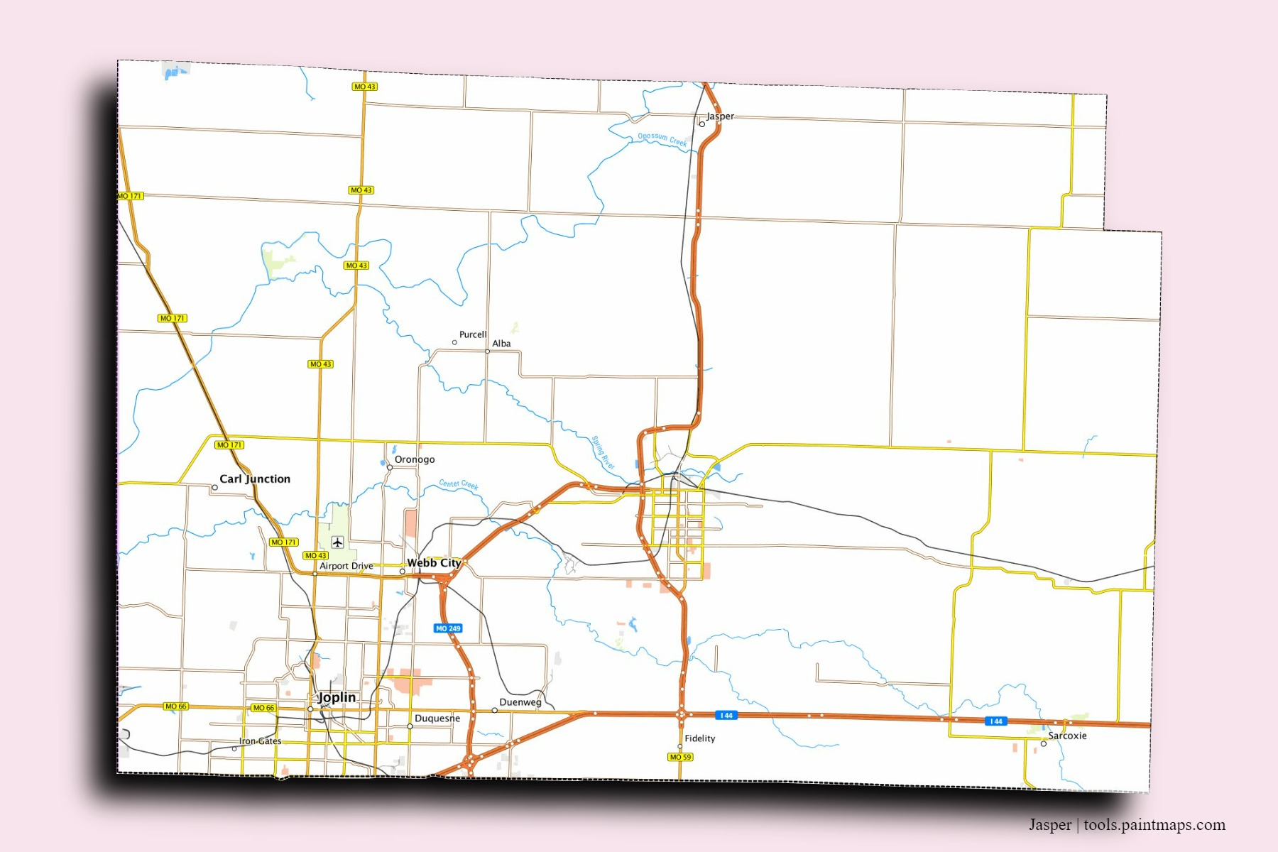 Jasper neighborhoods and villages map with 3D shadow effect