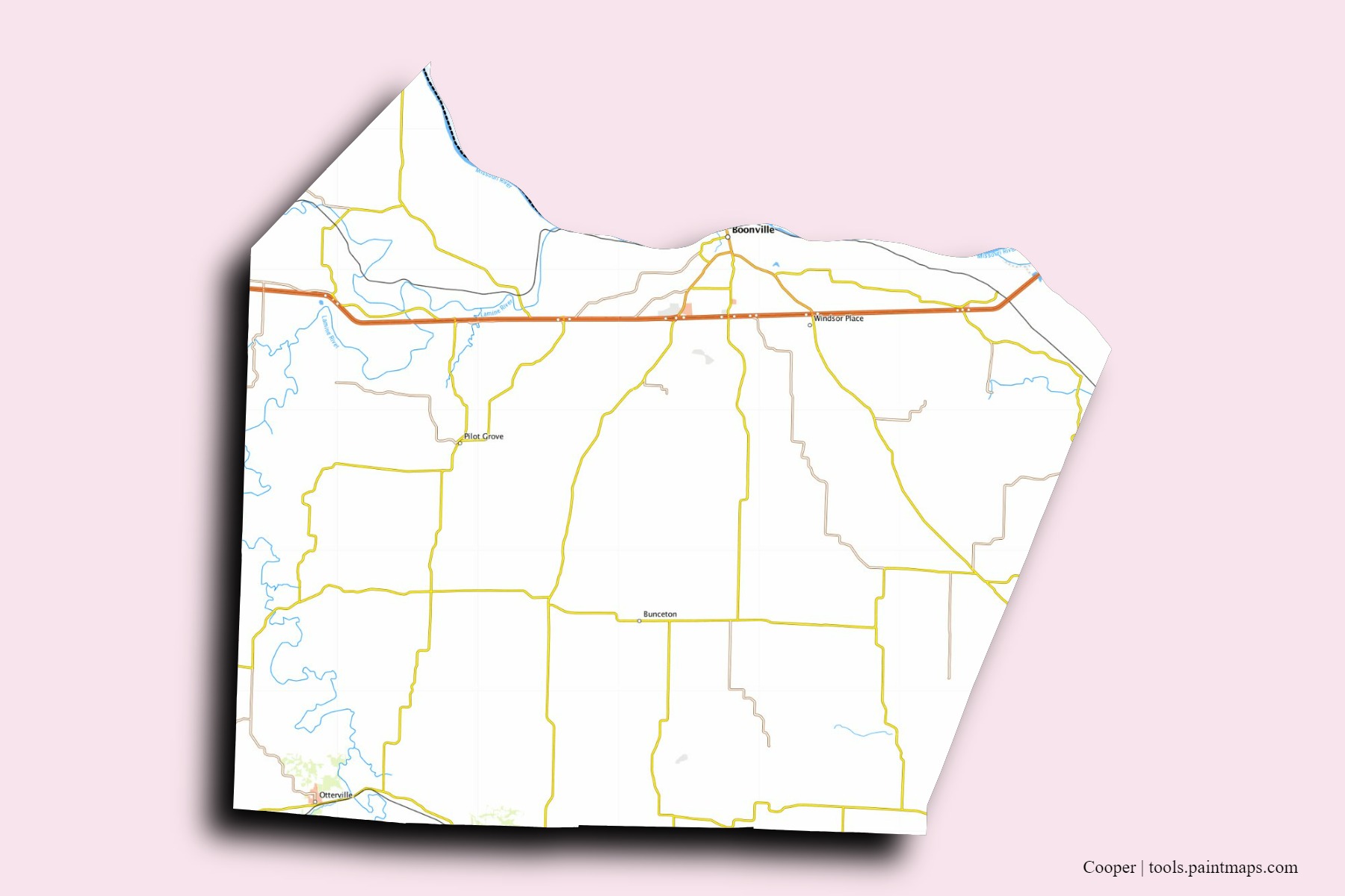 Mapa de barrios y pueblos de Cooper con efecto de sombra 3D