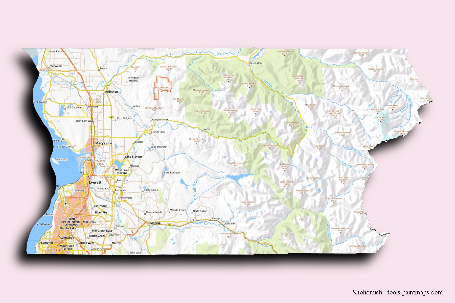 3D gölge efektli Snohomish County mahalleleri ve köyleri haritası