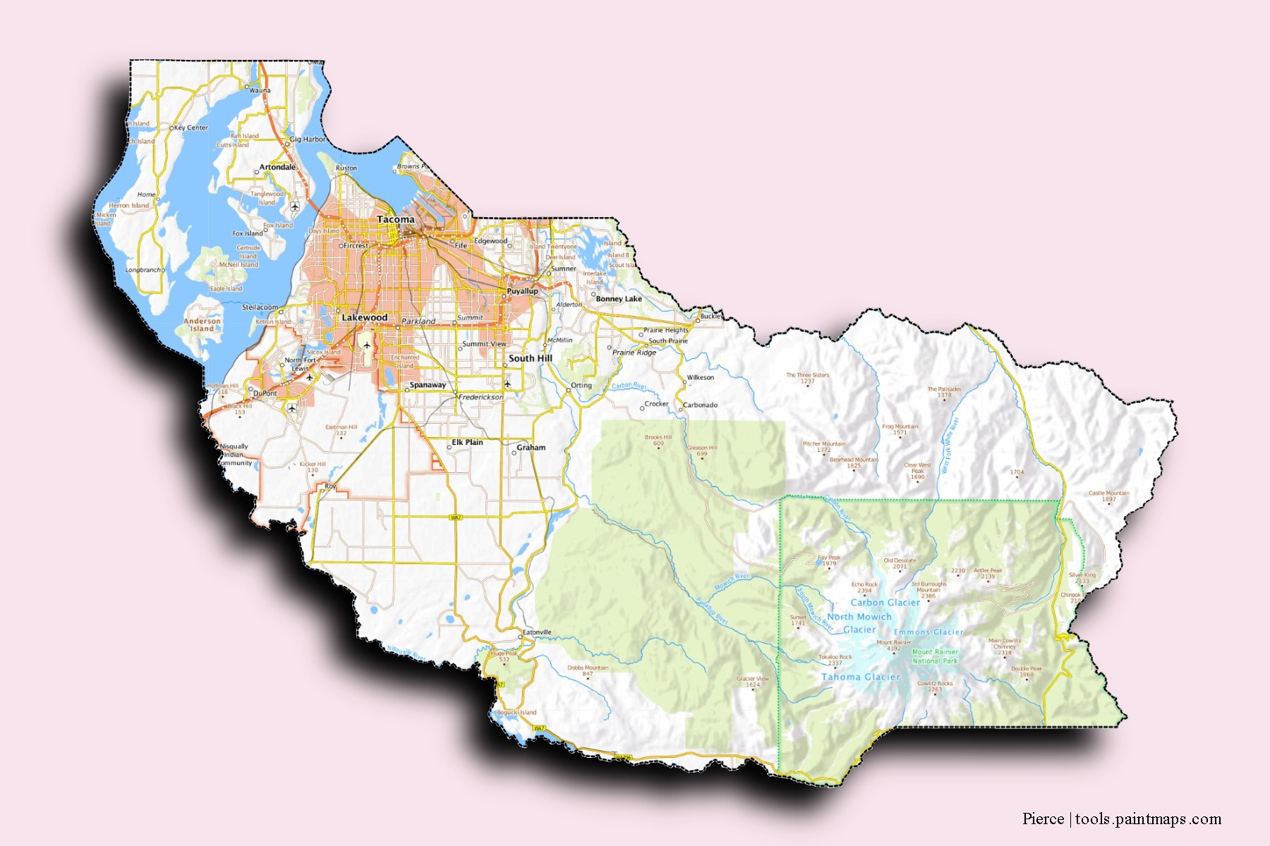 Mapa de barrios y pueblos de Pierce con efecto de sombra 3D
