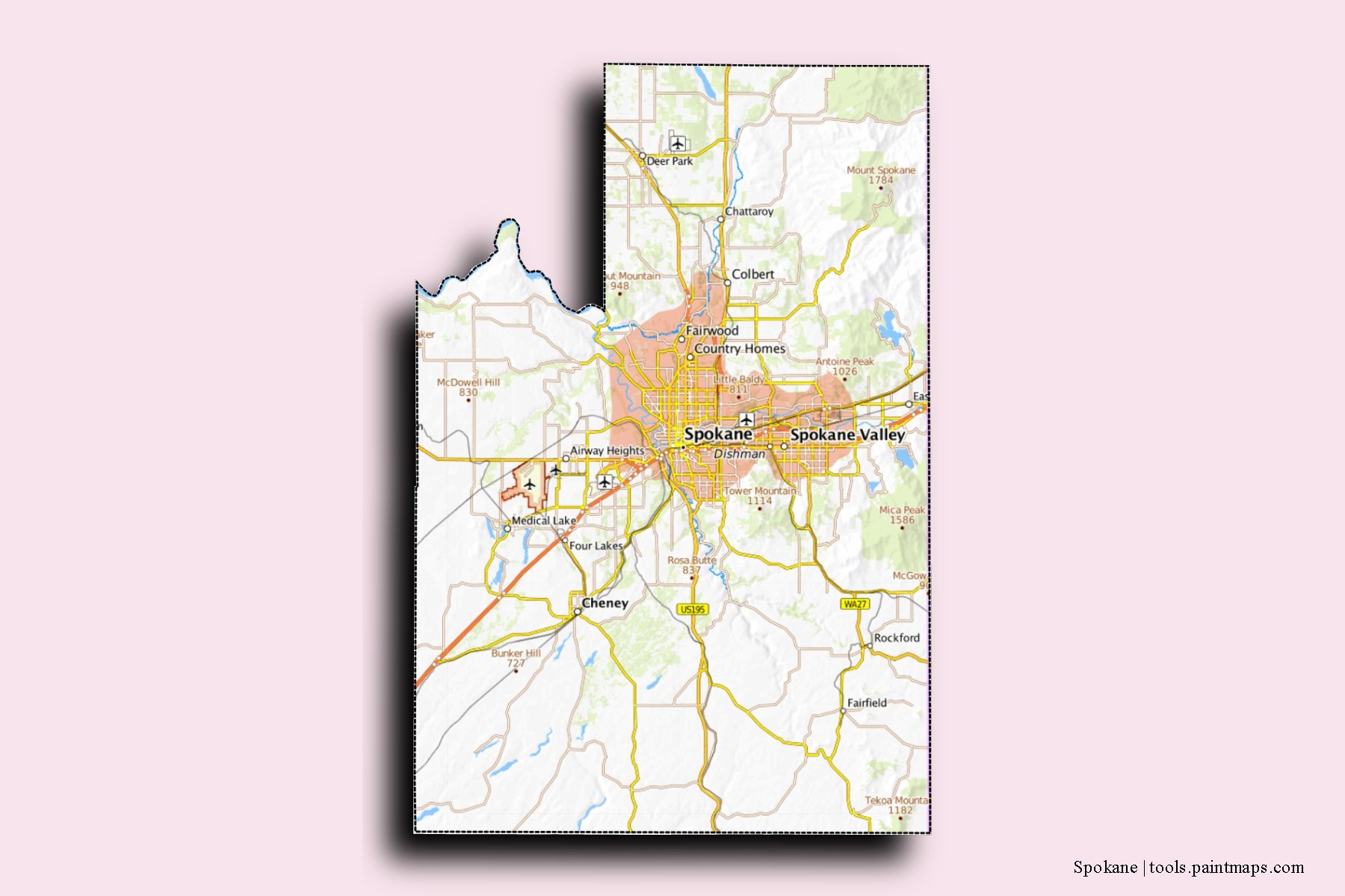 Spokane neighborhoods and villages map with 3D shadow effect