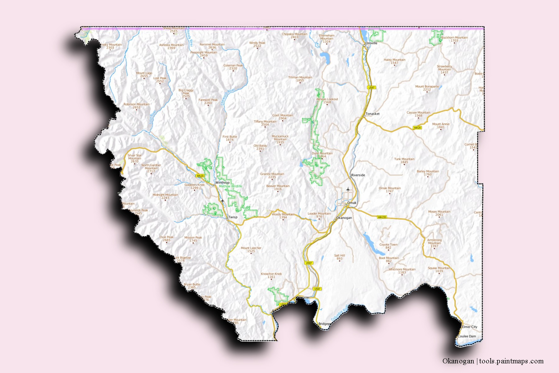 Okanogan neighborhoods and villages map with 3D shadow effect