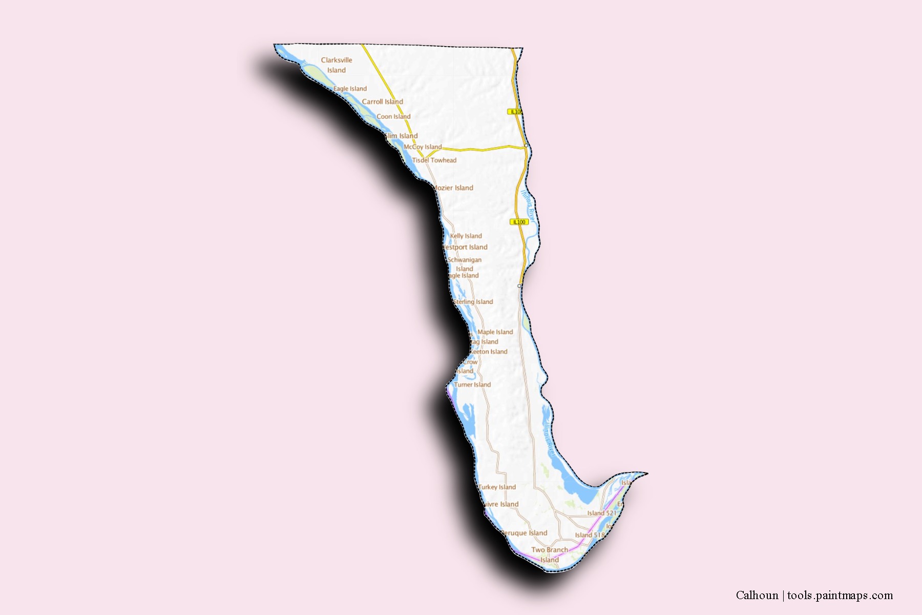 Mapa de barrios y pueblos de Calhoun con efecto de sombra 3D