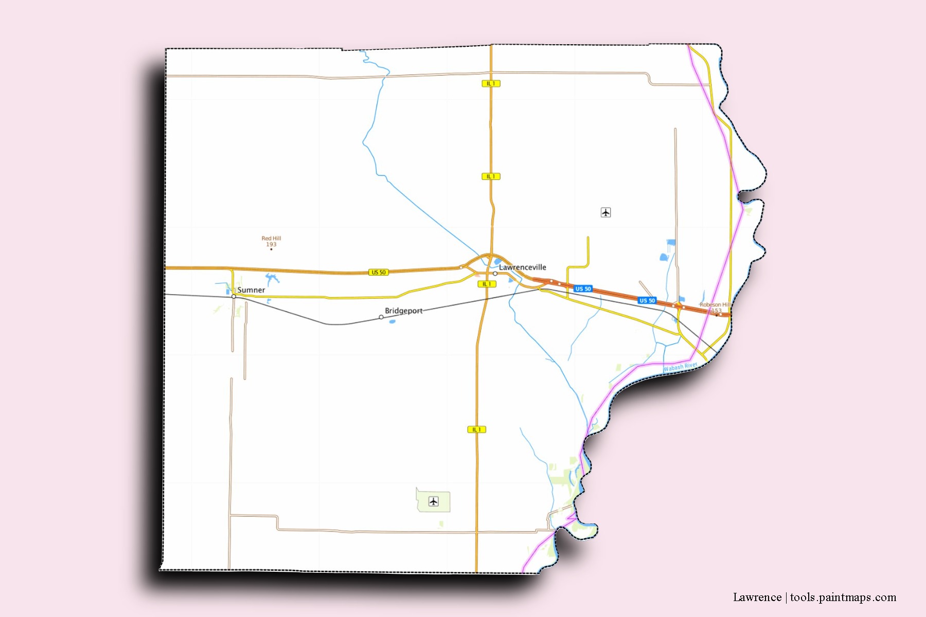 Lawrence neighborhoods and villages map with 3D shadow effect