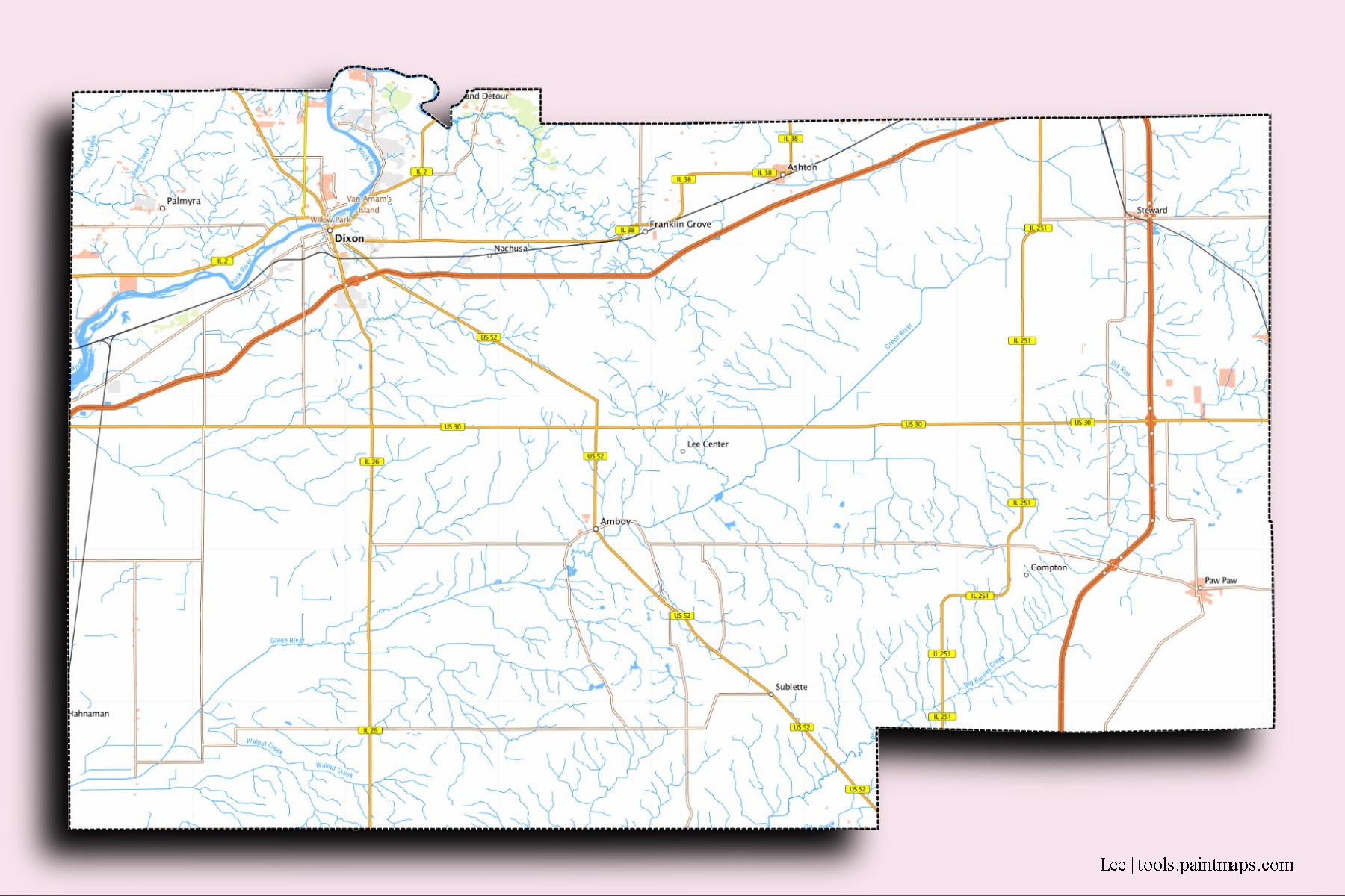 Lee neighborhoods and villages map with 3D shadow effect