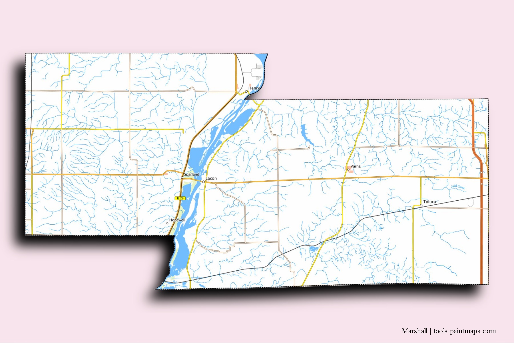 Marshall neighborhoods and villages map with 3D shadow effect