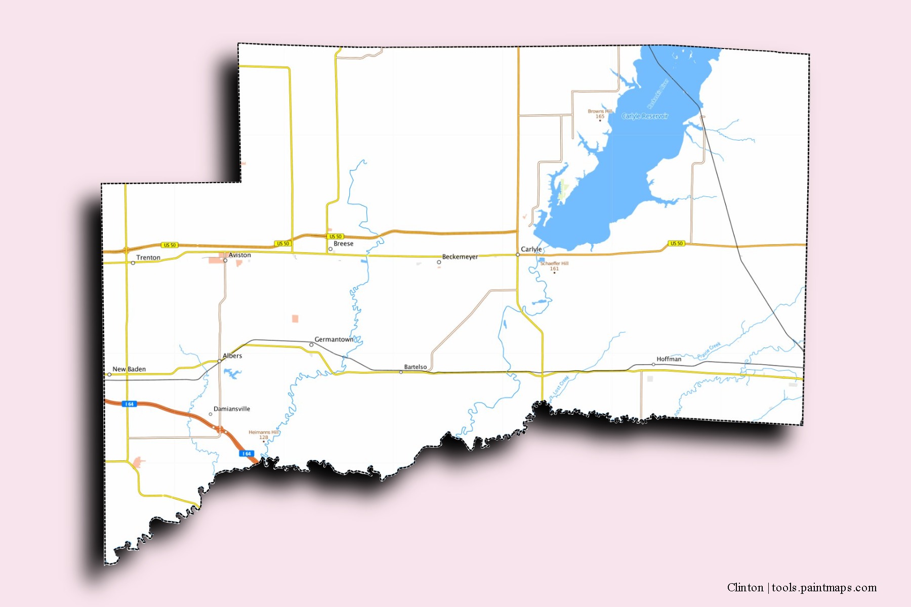 Clinton neighborhoods and villages map with 3D shadow effect