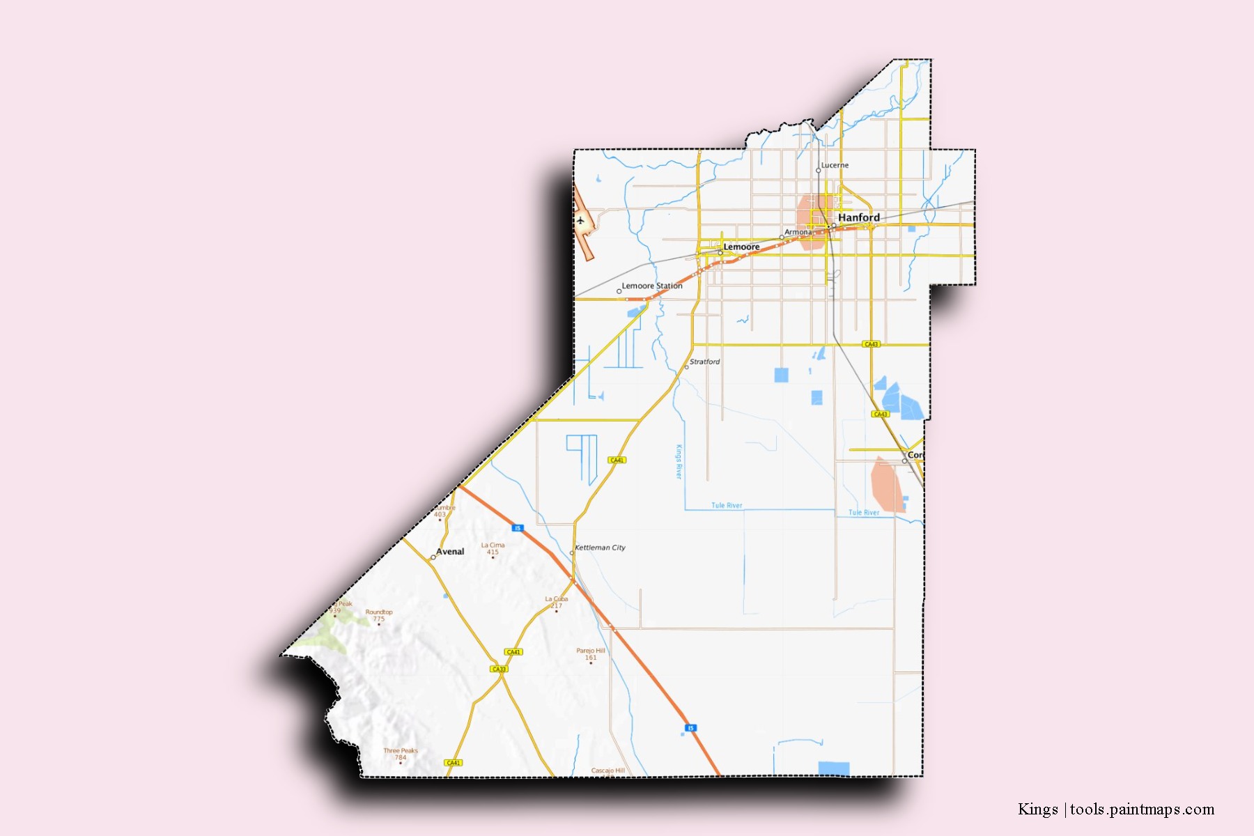 Mapa de barrios y pueblos de Kings con efecto de sombra 3D