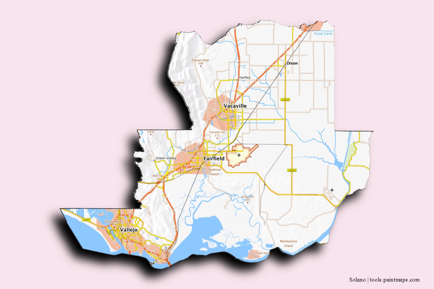 3D gölge efektli Solano County mahalleleri ve köyleri haritası
