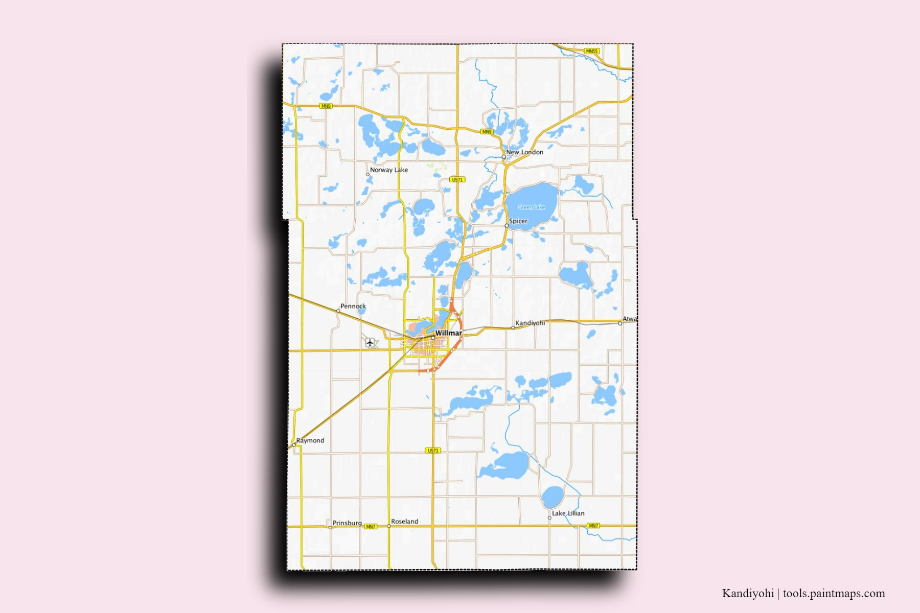 Kandiyohi neighborhoods and villages map with 3D shadow effect