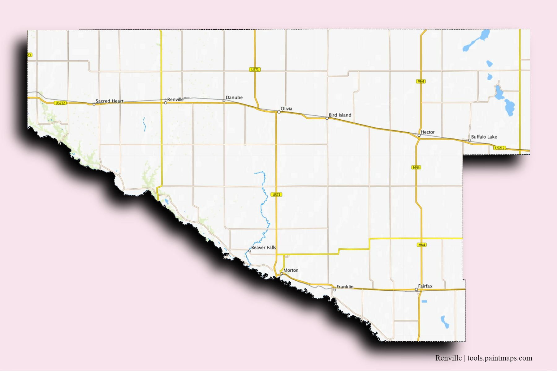 Mapa de barrios y pueblos de Renville con efecto de sombra 3D