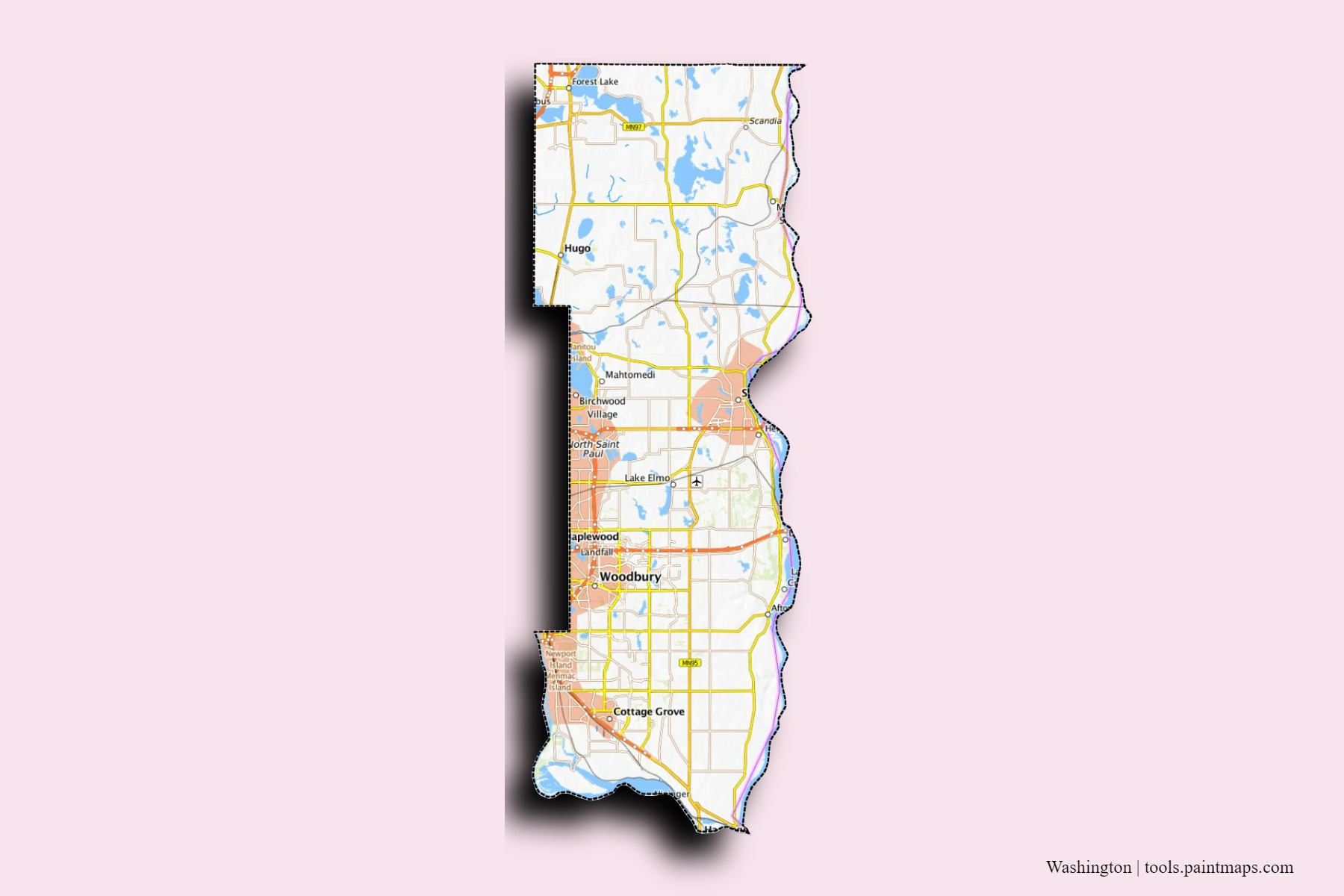 Mapa de barrios y pueblos de Washington con efecto de sombra 3D