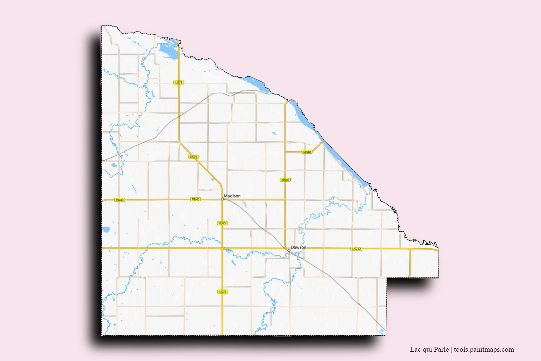 Lac qui Parle neighborhoods and villages map with 3D shadow effect