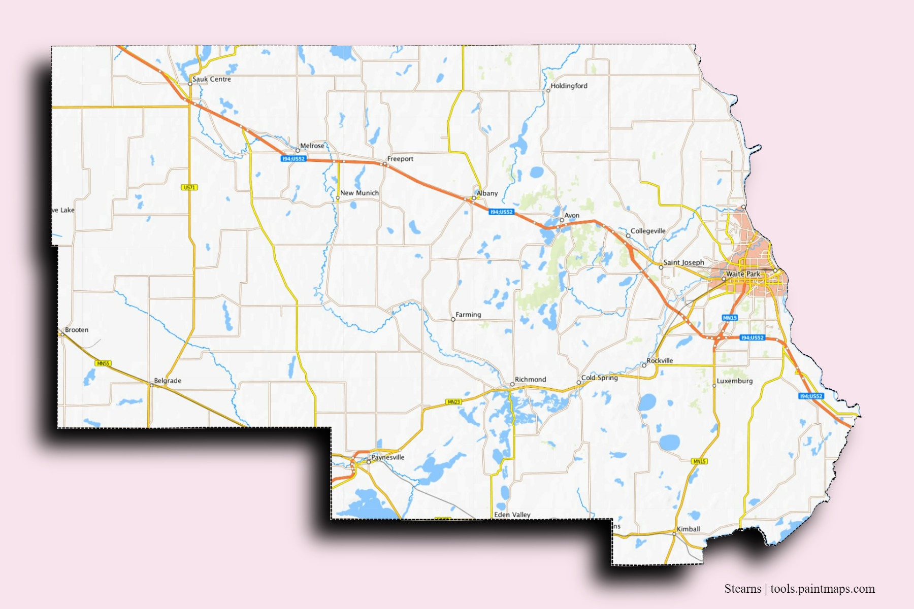 3D gölge efektli Stearns County mahalleleri ve köyleri haritası