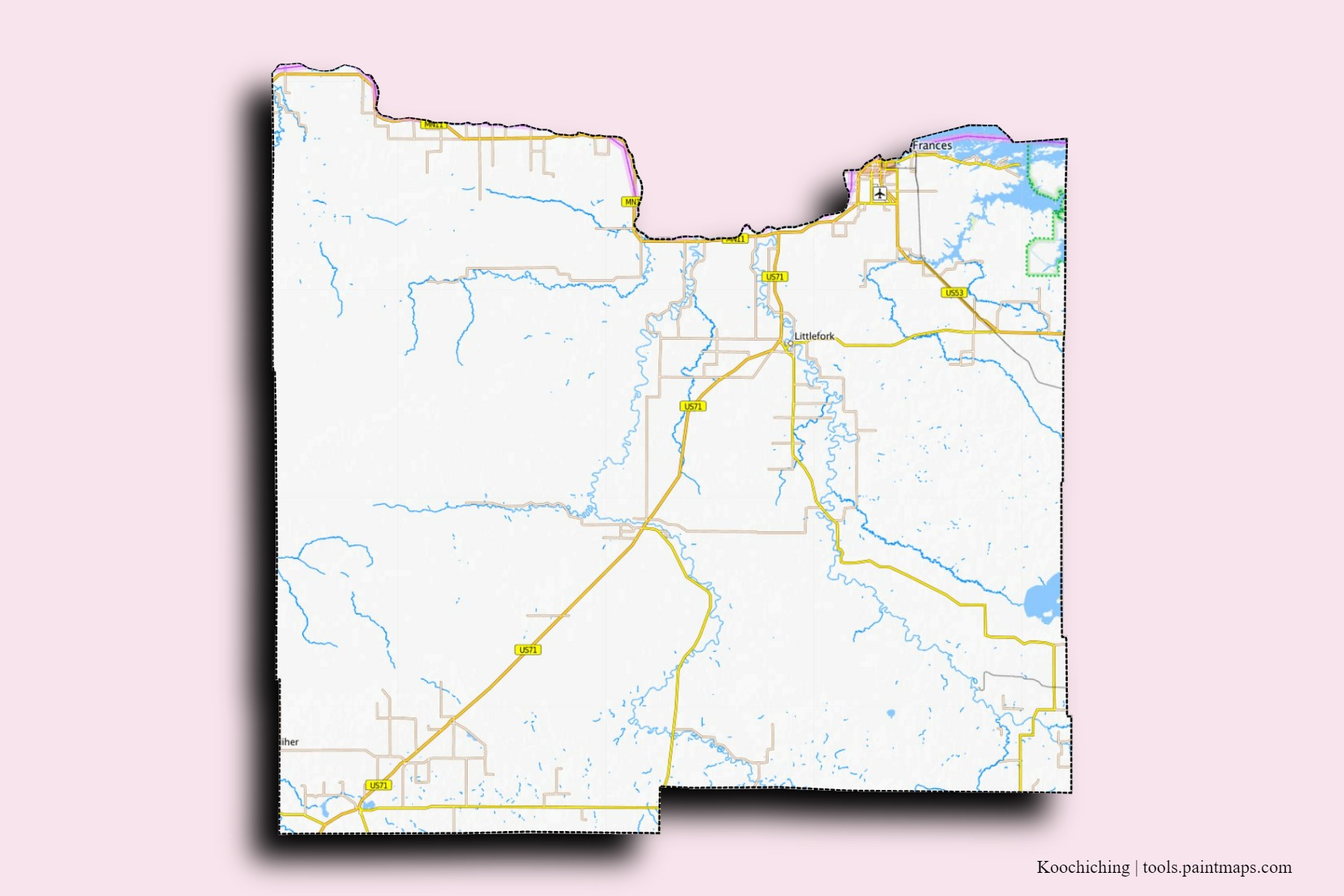 Koochiching neighborhoods and villages map with 3D shadow effect