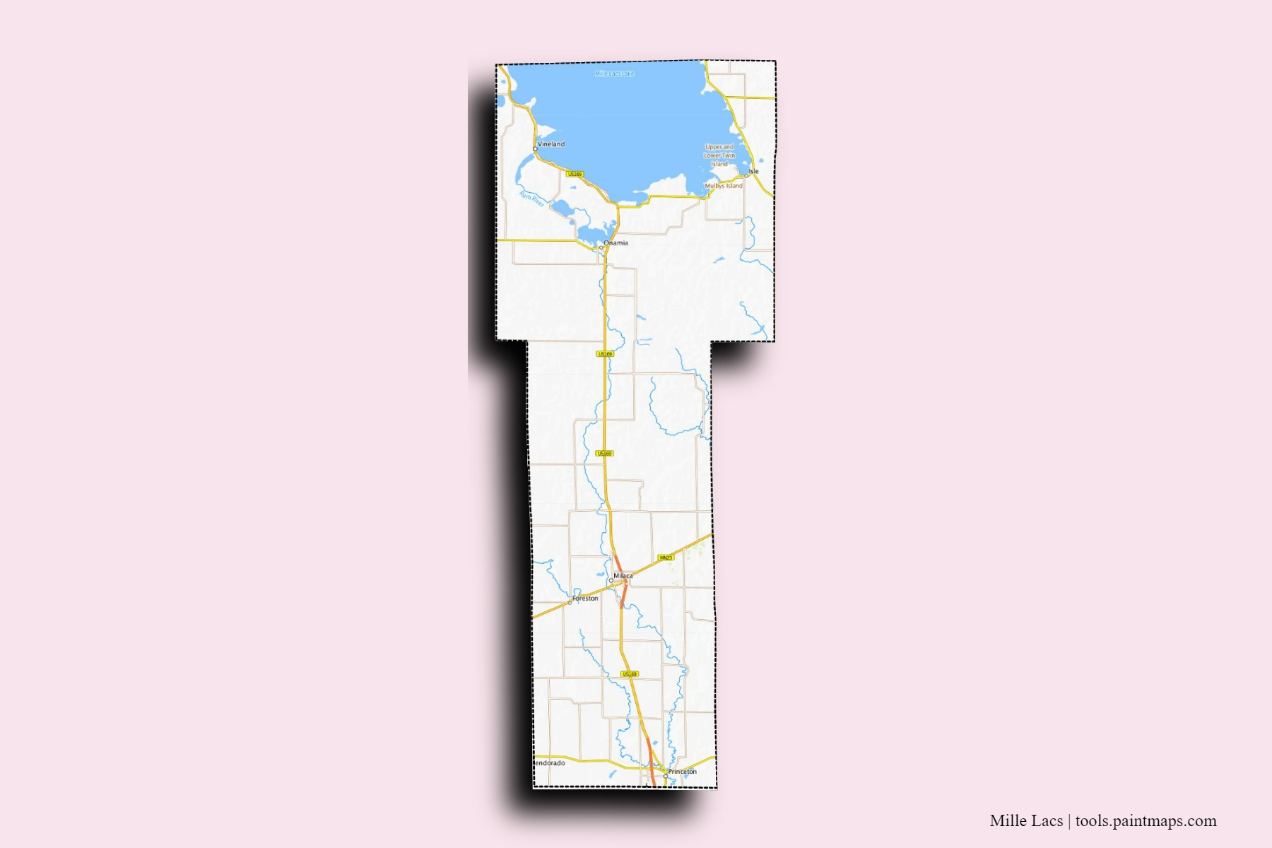 Mille Lacs neighborhoods and villages map with 3D shadow effect