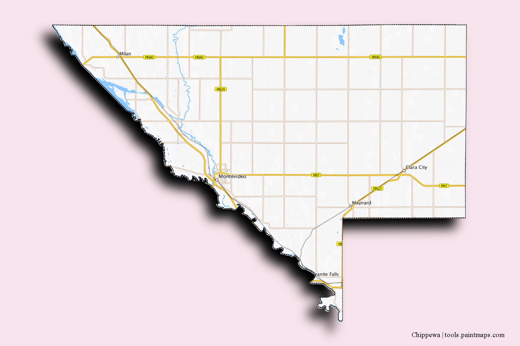 Mapa de barrios y pueblos de Chippewa con efecto de sombra 3D