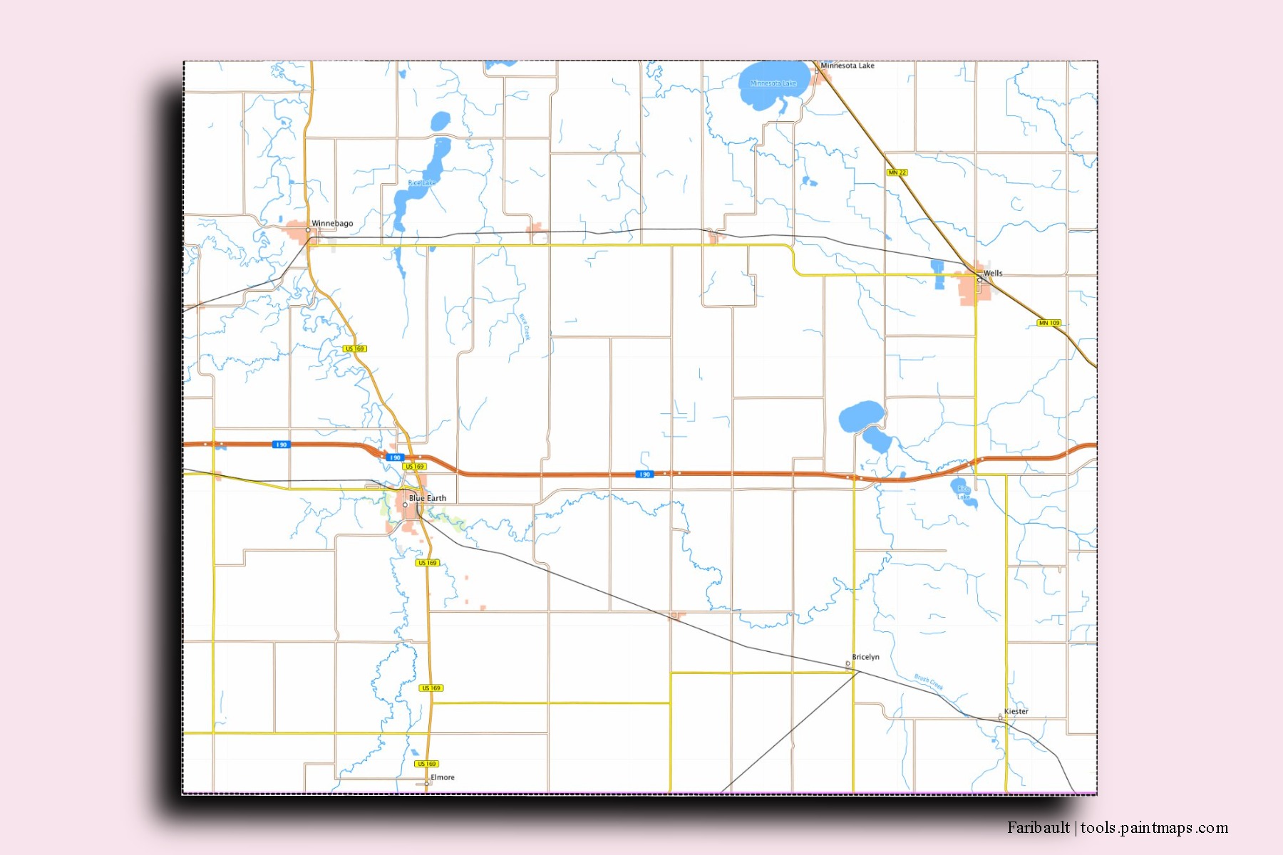 Faribault neighborhoods and villages map with 3D shadow effect