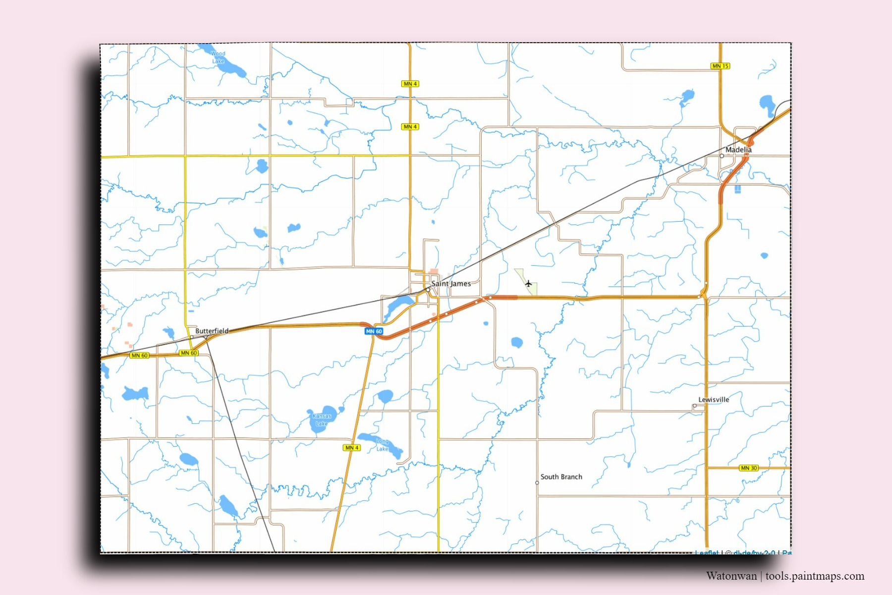 Watonwan neighborhoods and villages map with 3D shadow effect