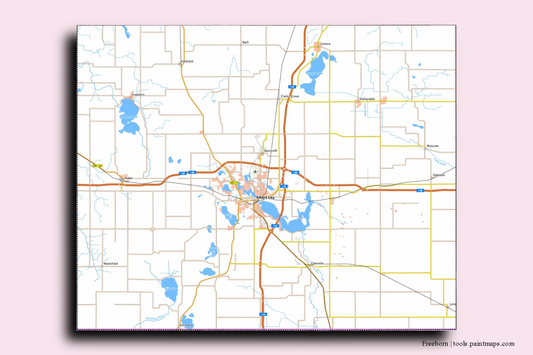 Freeborn neighborhoods and villages map with 3D shadow effect