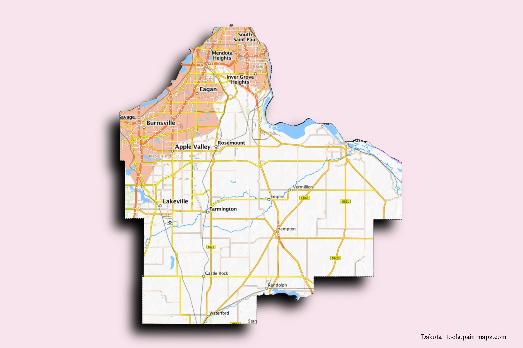 Dakota neighborhoods and villages map with 3D shadow effect