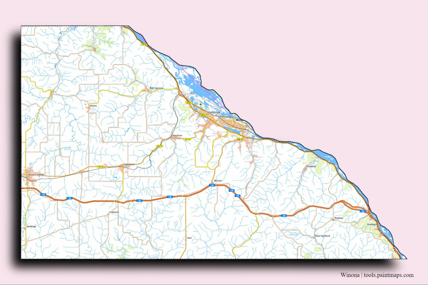 Winona neighborhoods and villages map with 3D shadow effect