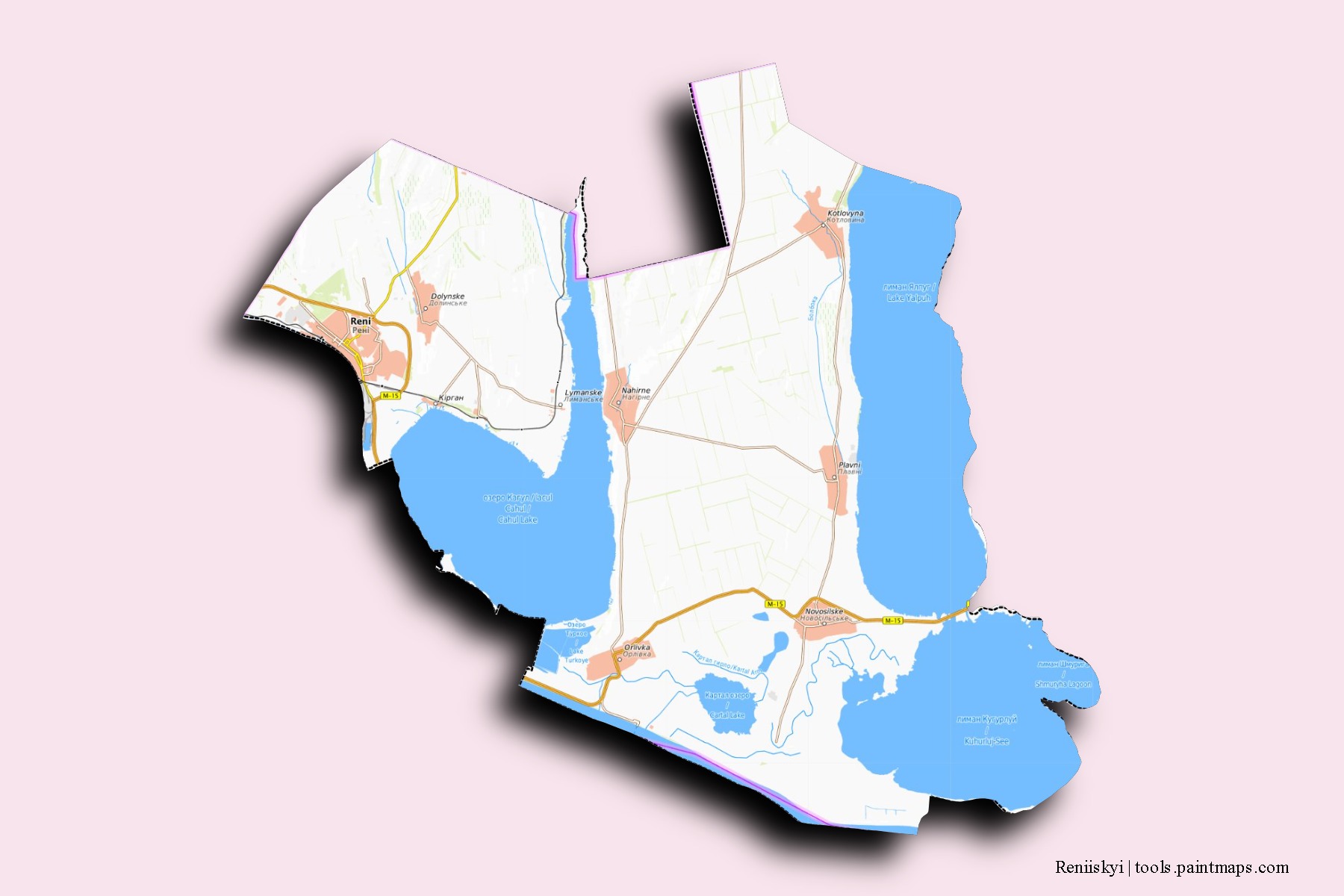 Mapa de barrios y pueblos de Reniiskyi con efecto de sombra 3D