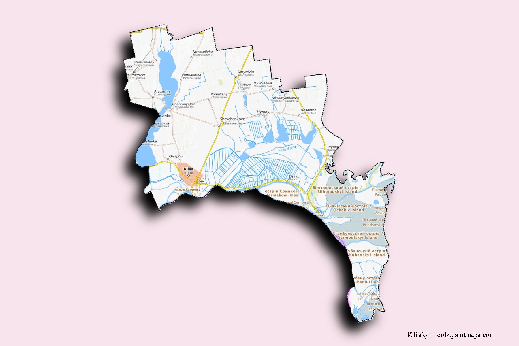 Mapa de barrios y pueblos de Kiliiskyi con efecto de sombra 3D