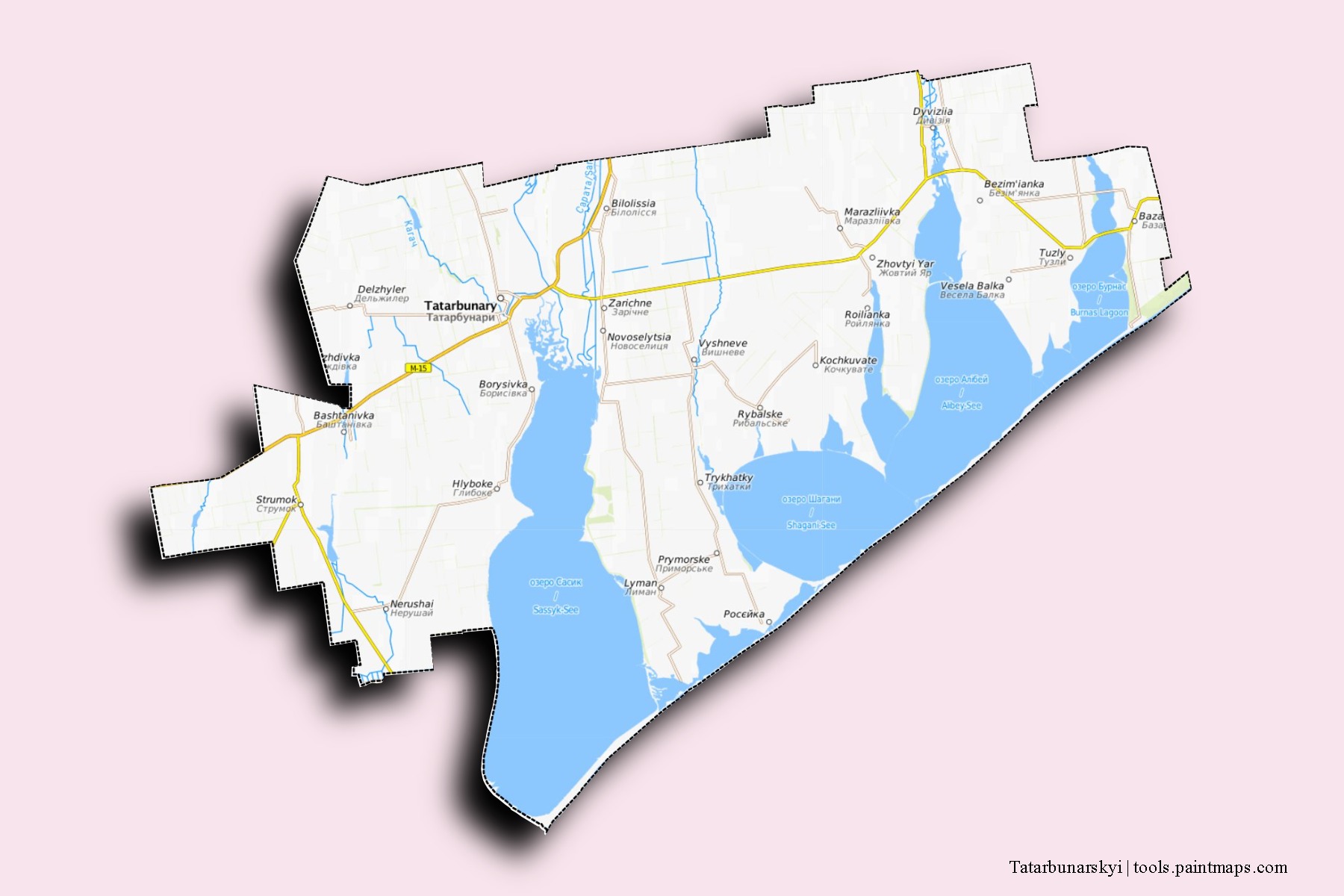 Mapa de barrios y pueblos de Tatarbunarskyi con efecto de sombra 3D