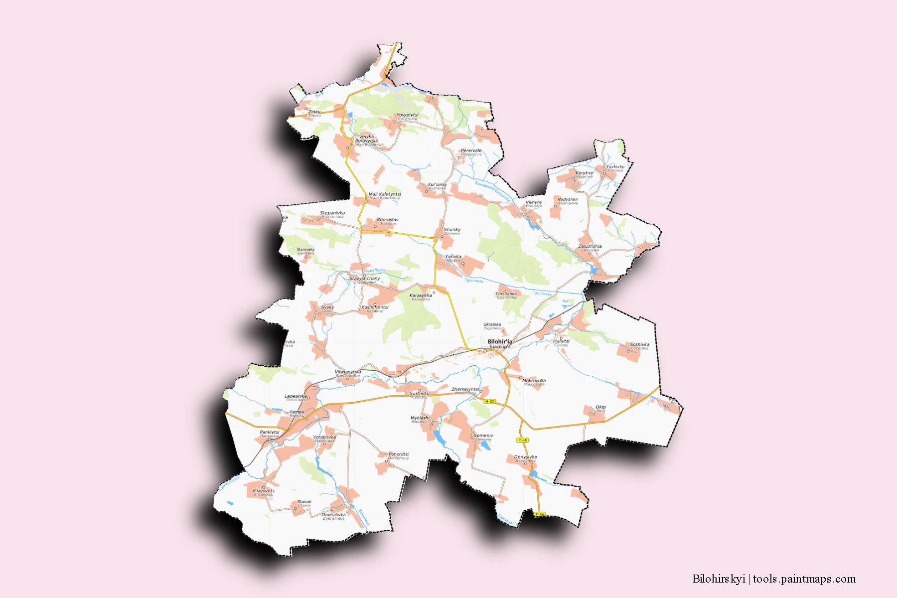 Mapa de barrios y pueblos de Bilohirskyi con efecto de sombra 3D