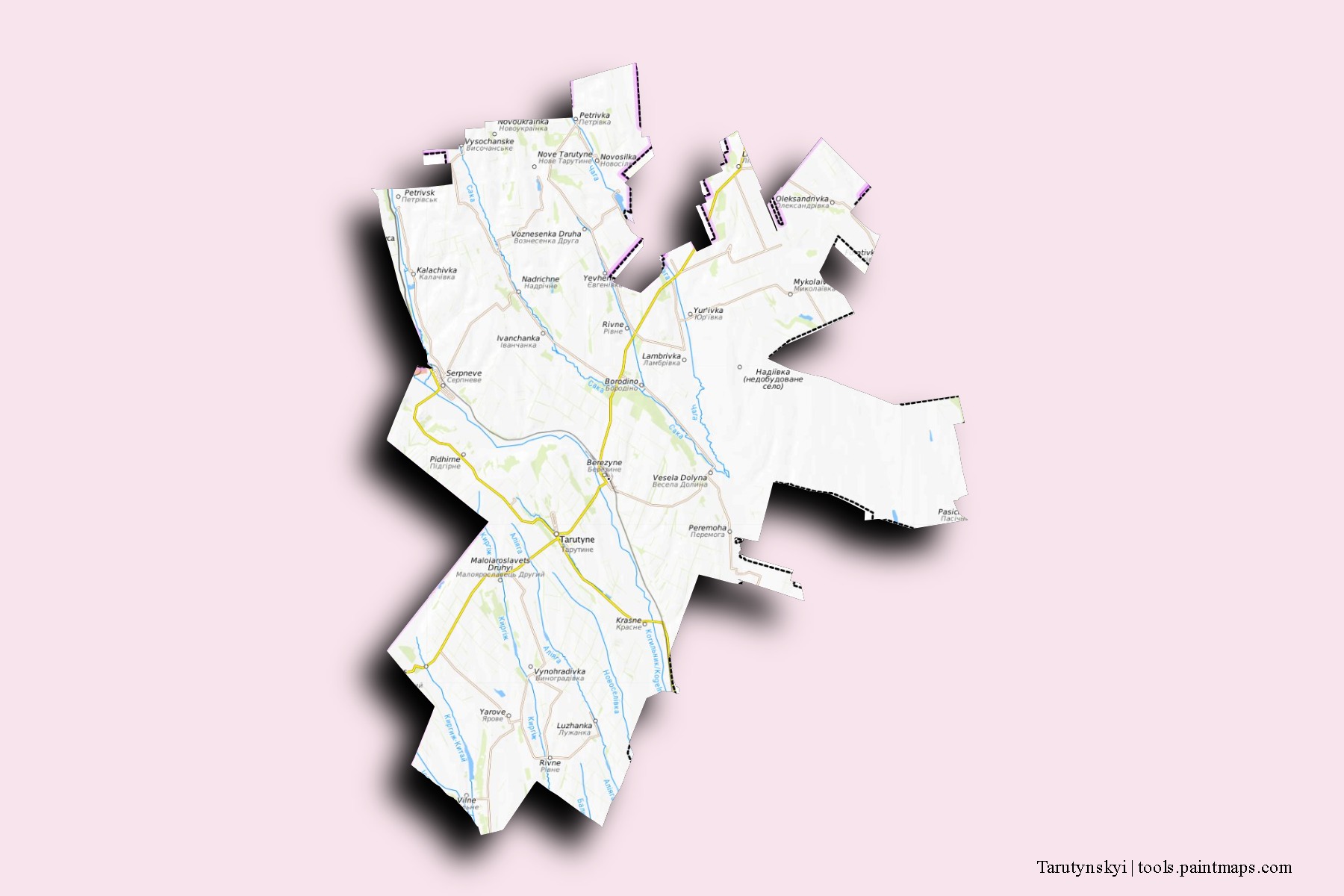 Mapa de barrios y pueblos de Tarutynskyi con efecto de sombra 3D