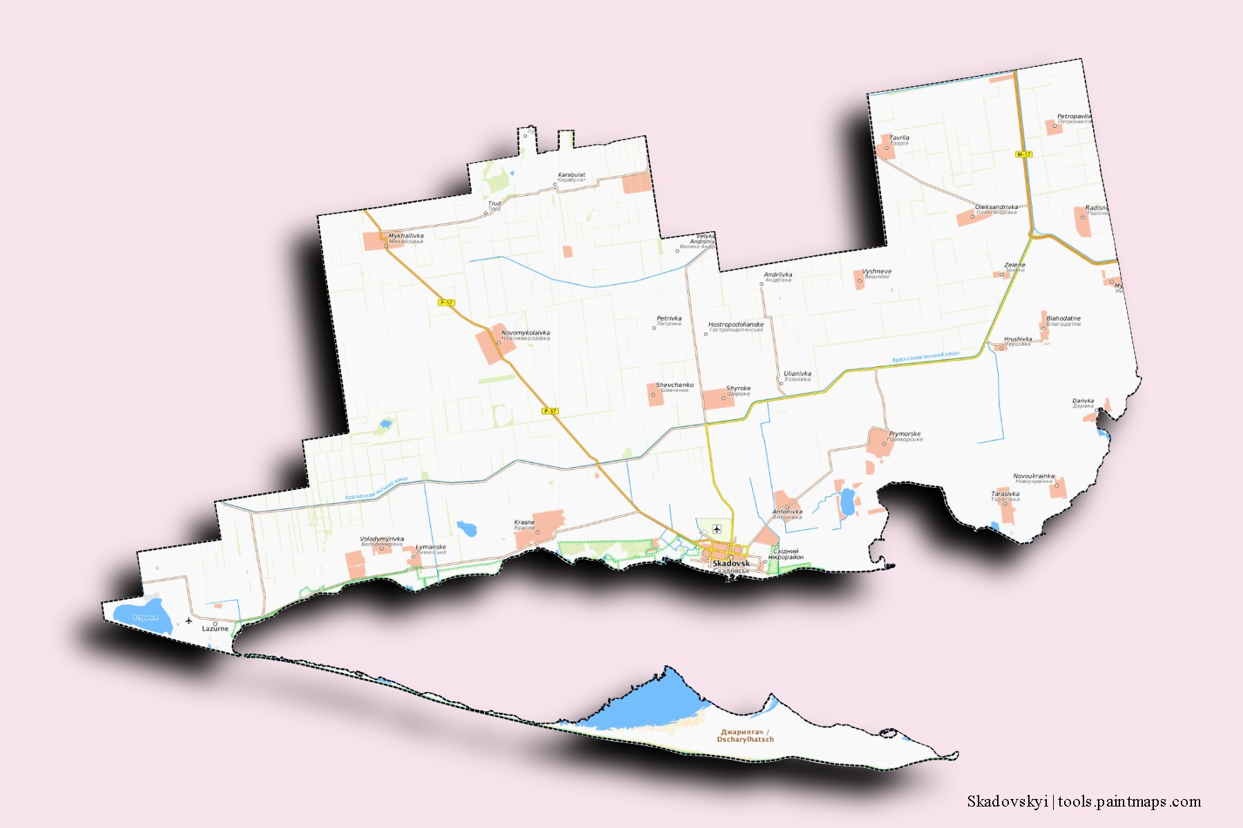 Mapa de barrios y pueblos de Skadovskyi con efecto de sombra 3D