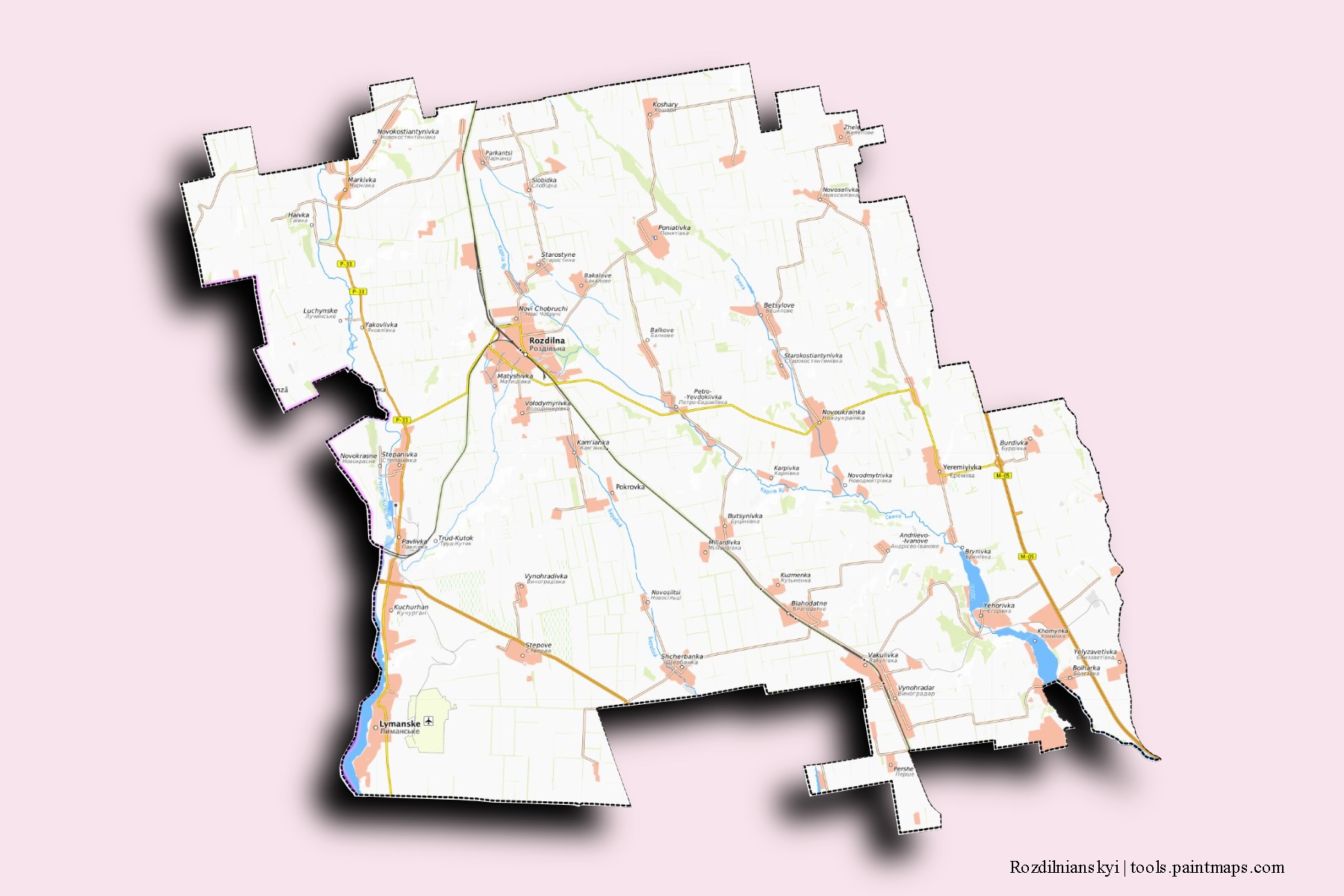 Mapa de barrios y pueblos de Rozdilnianskyi con efecto de sombra 3D