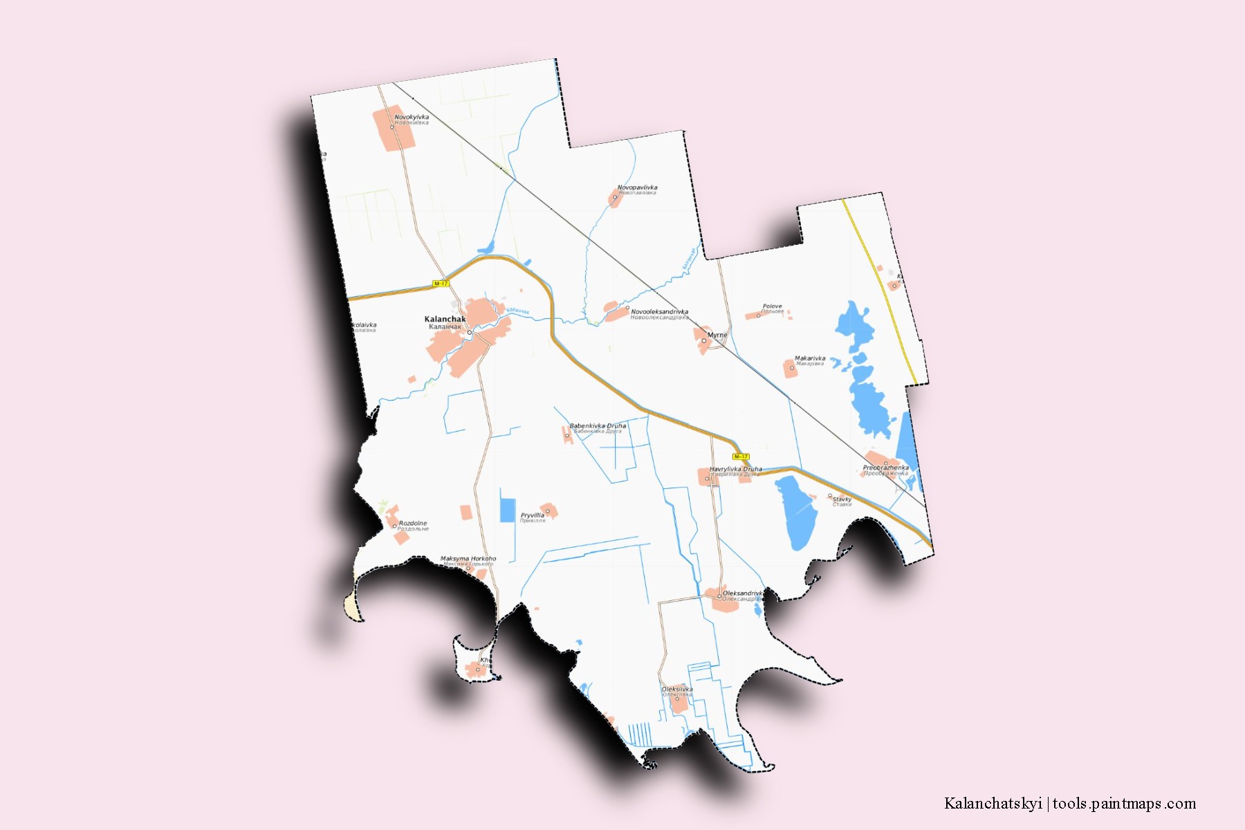 Mapa de barrios y pueblos de Kalanchatskyi con efecto de sombra 3D