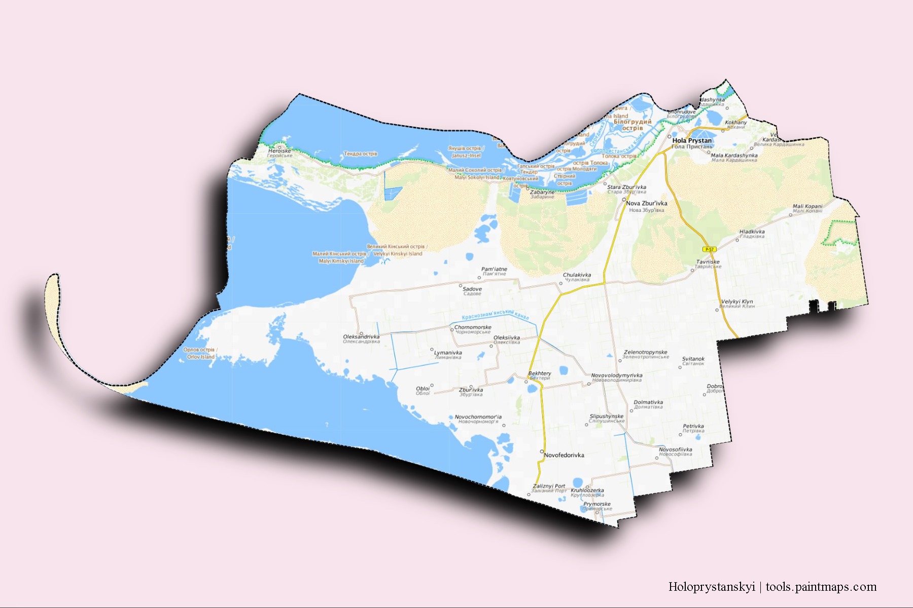 Mapa de barrios y pueblos de Holoprystanskyi con efecto de sombra 3D